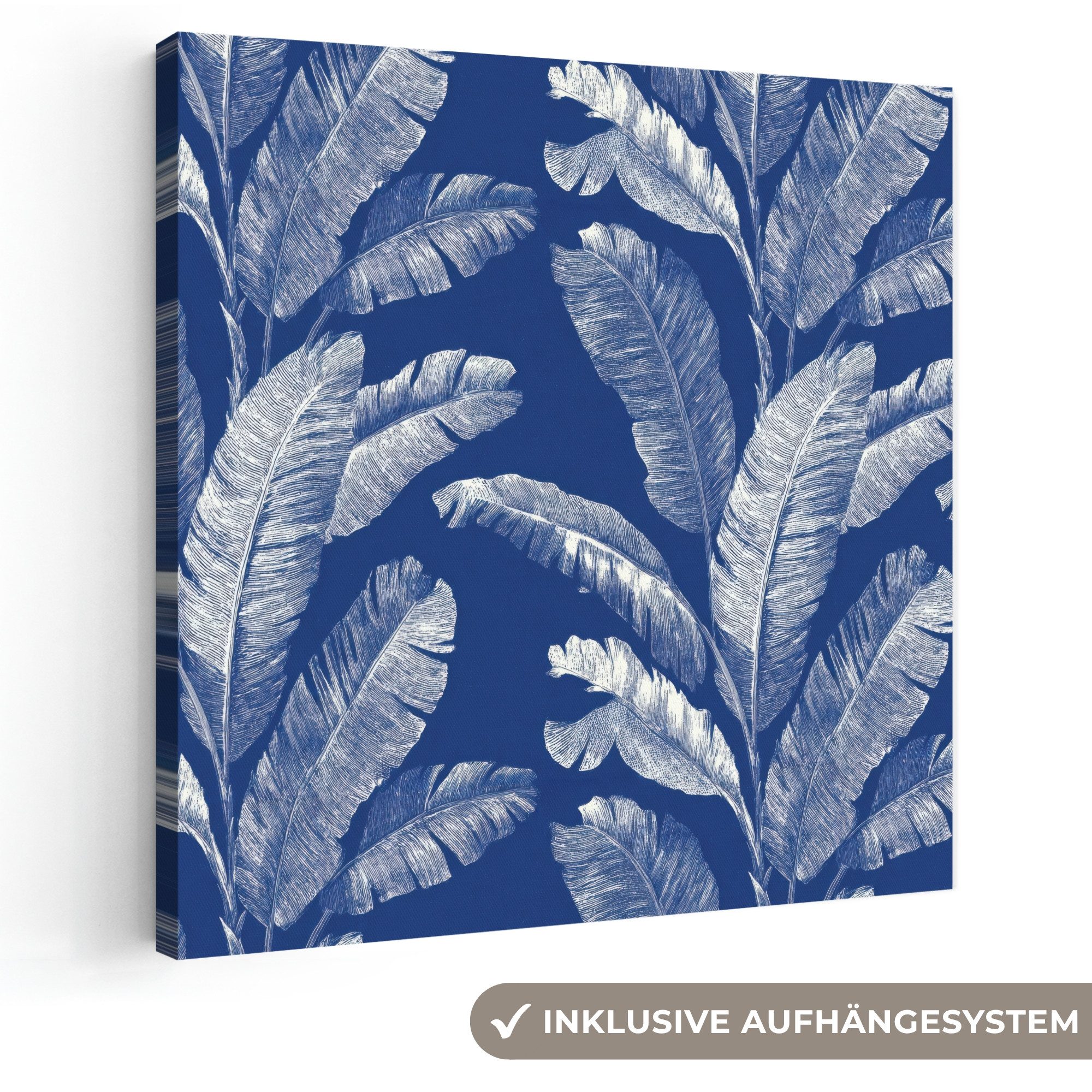OneMillionCanvasses® Leinwandbild Blatt - Palme - Blau, Fotodruck (1 St), Wandbild, Deko Schlafzimmer Wohnzimmer Flur 20x20 cm