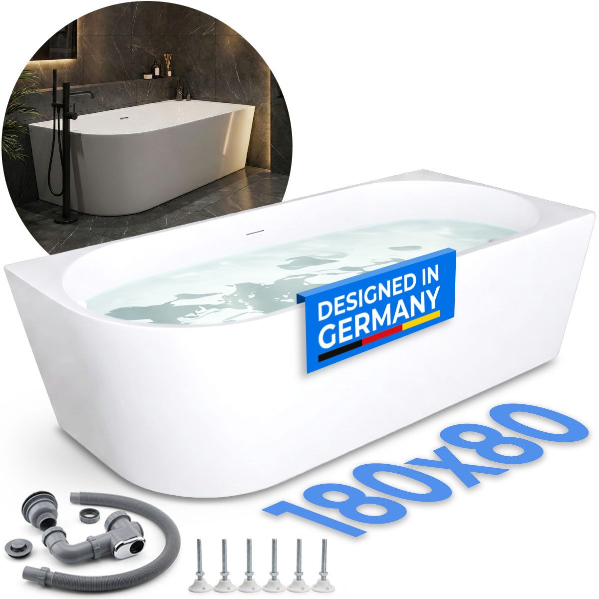 Belvit Badewanne halbfreistehend & freistehend aus Acryl – Eckbadewanne oder oval, Links, Mittig & Rechts, in 180x80 - 170x78 cm, mit Ablaufgarnitur