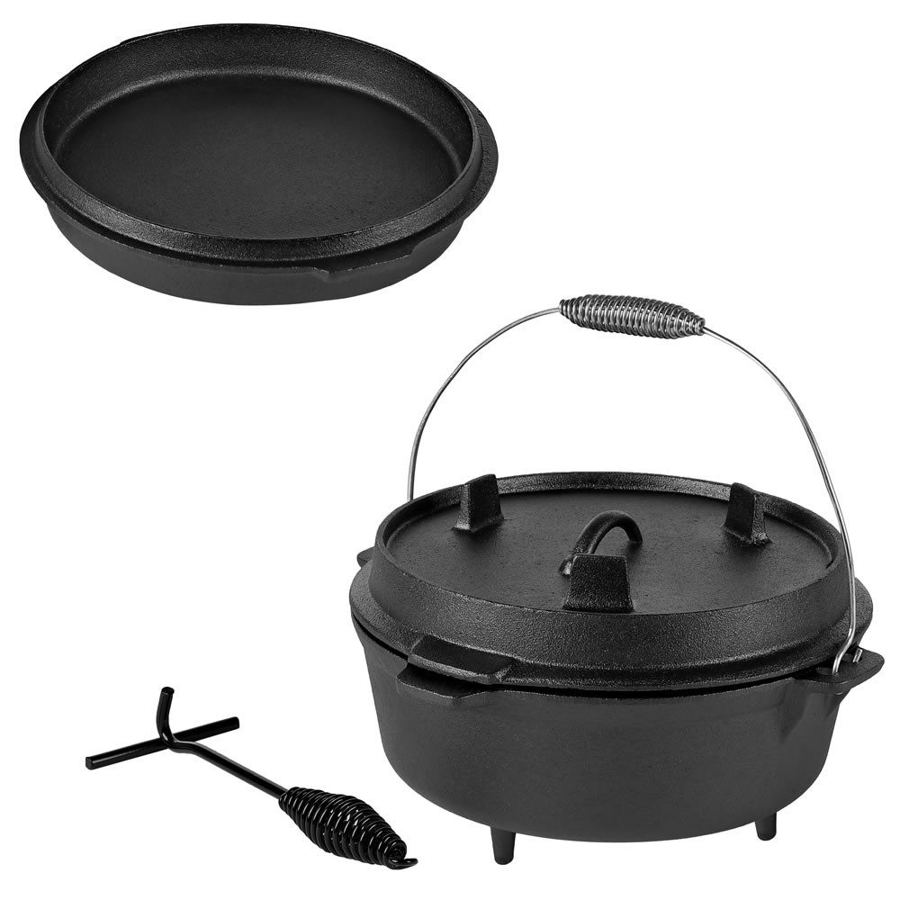 Mucola Feuertopf Dutch Oven Kochkessel Outdoorküche Schmortopf Grilltopf BBQ Gusseisen, Gusseisen (Stück, 3-tlg., Dutch Oven), Der Deckel kann als Bratpfanne genutzt werden