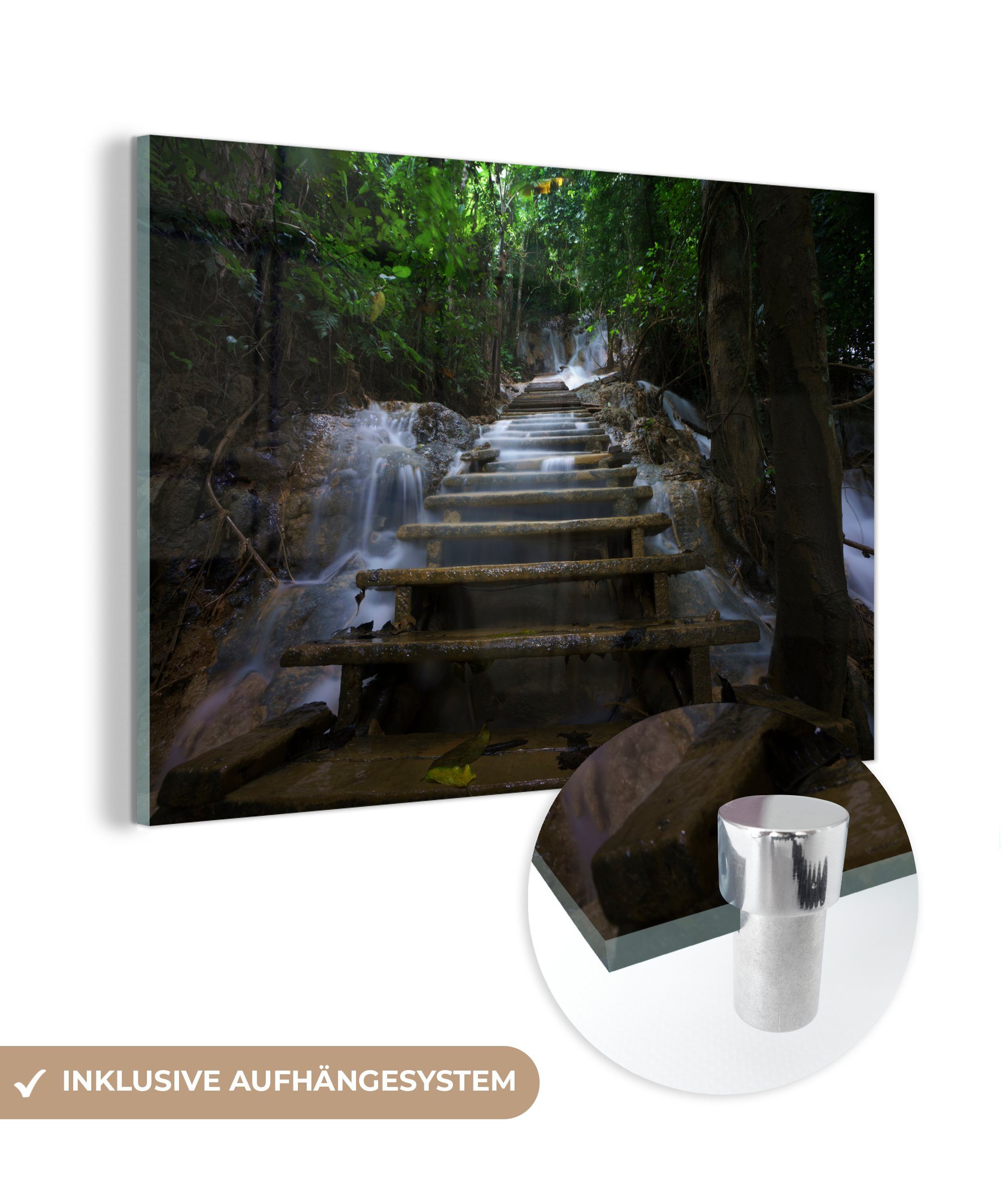 MuchoWow Acrylglasbild Treppe -Wasserfall -Bäume, (1 St), Acrylglasbilder Wohnzimmer & Schlafzimmer