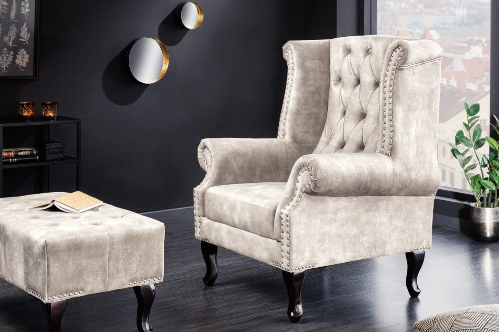 riess-ambiente Ohrensessel CHESTERFIELD 105cm champagner beige/silber- günstig online kaufen