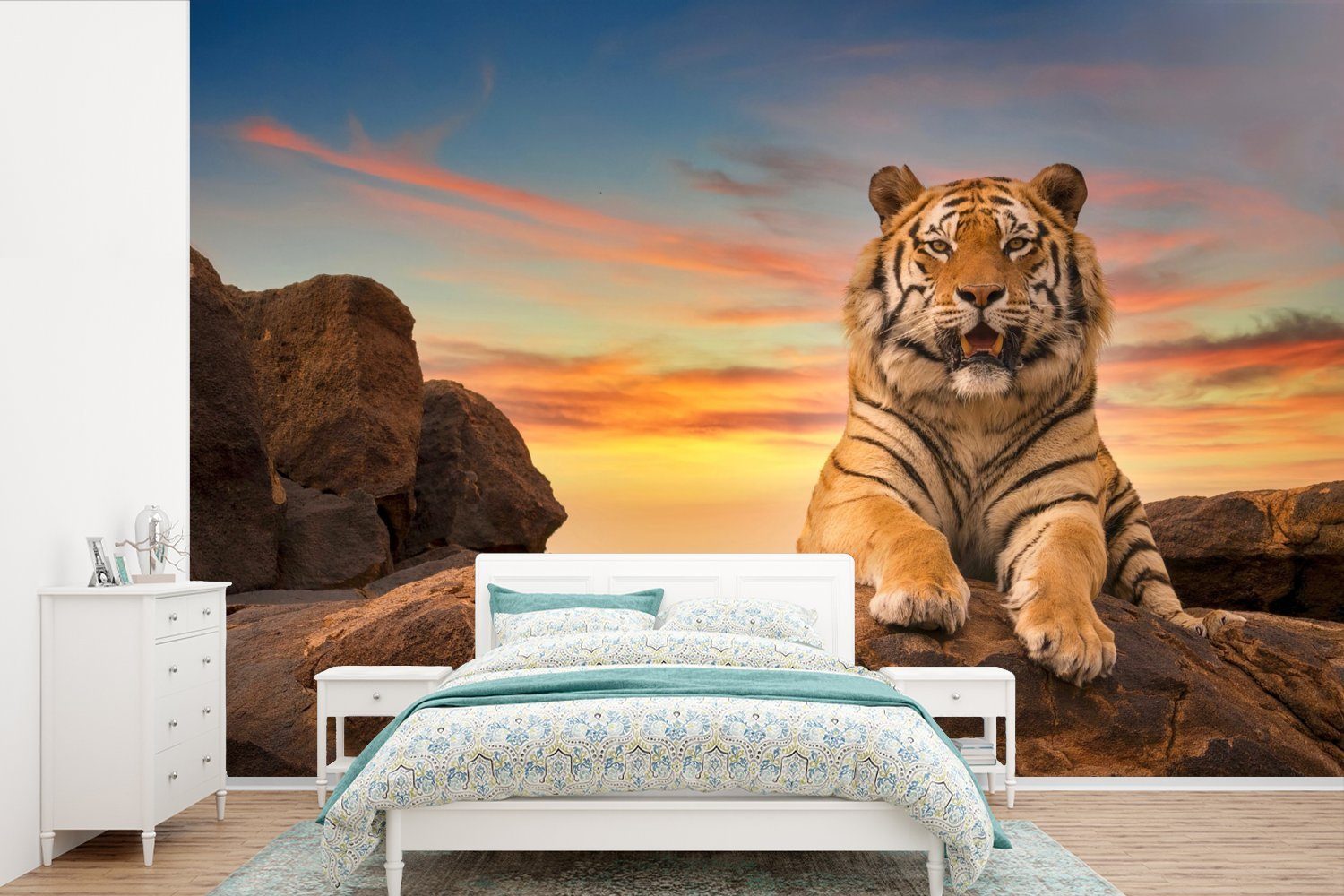 Tiger Kinderzimmer, bedruckt, Fototapete - MuchoWow Tapete Vinyl Felsen, Sonne - für Schlafzimmer, St), Wallpaper Matt, Wohnzimmer, (6