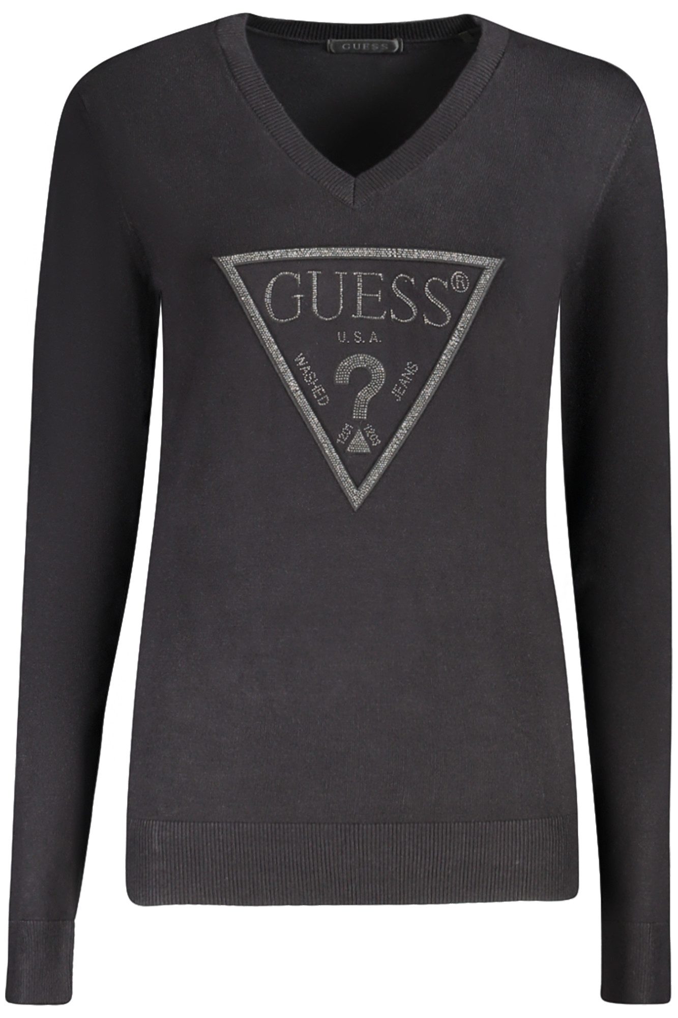 GUESS JEANS Вязаные свитера Eleganter Damenpullover Schwarz – V-Ausschnitt & Kontrastdetails