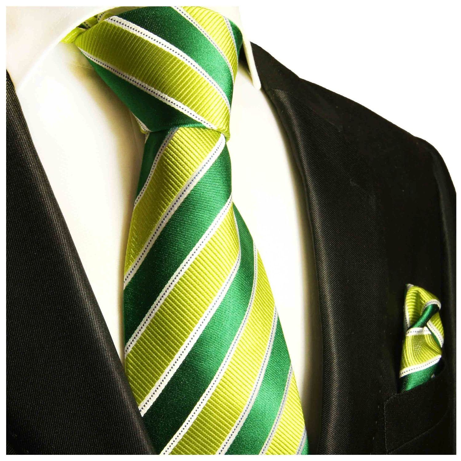 Paul Malone Krawatte Herren Seidenkrawatte mit Tuch gestreift 100% Seide (Set, 2-St., Krawatte mit Einstecktuch) Breit (8cm), grün hellgrün 262