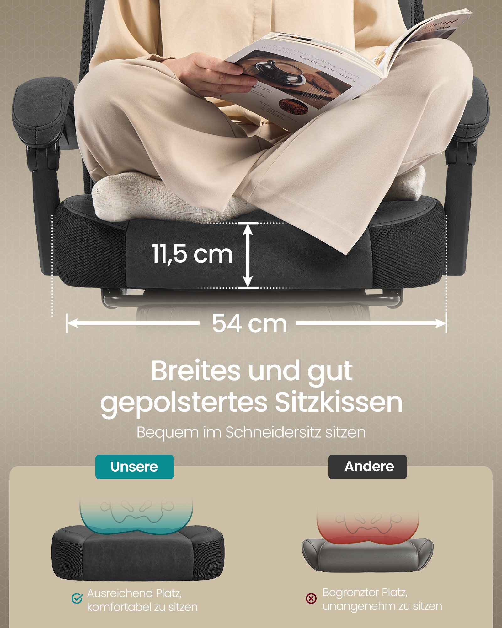 SONGMICS Bürostuhl Gaming-Stuhl, Computerstuhl ergonomischer, bis 150 kg belastbar, mit ausziehbarer Fußstütze, verstellbarem Kopfkissen und Lendenkissen – Bild 4 von 5