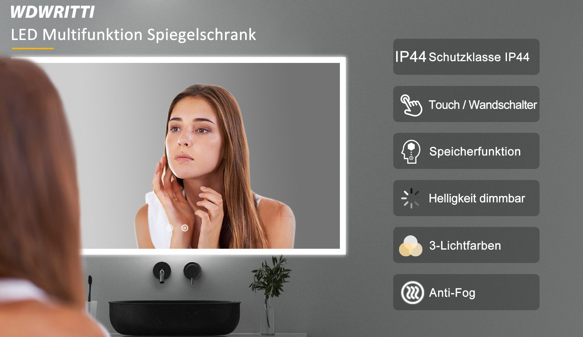 WDWRITTI Badspiegel Badezimmerspiegel mit Beleuchtung Wandspiegel Led Touch Wandschalter (Spiegel Bad, 3Lichtfarben, Memory, Helligkeit dimmbar), 3000K/4000K/6500K, IP44