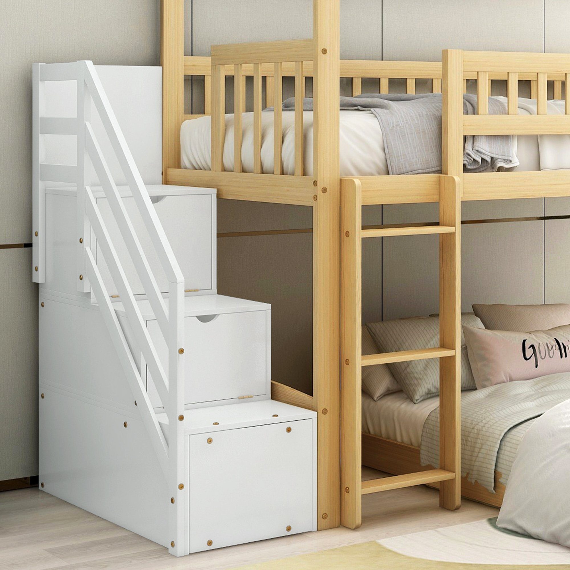 Treppe, 90 cm × 200 und Leiter, Rutsche mit Kinderbett Ulife Etagenbett Hochbett Stauraum,