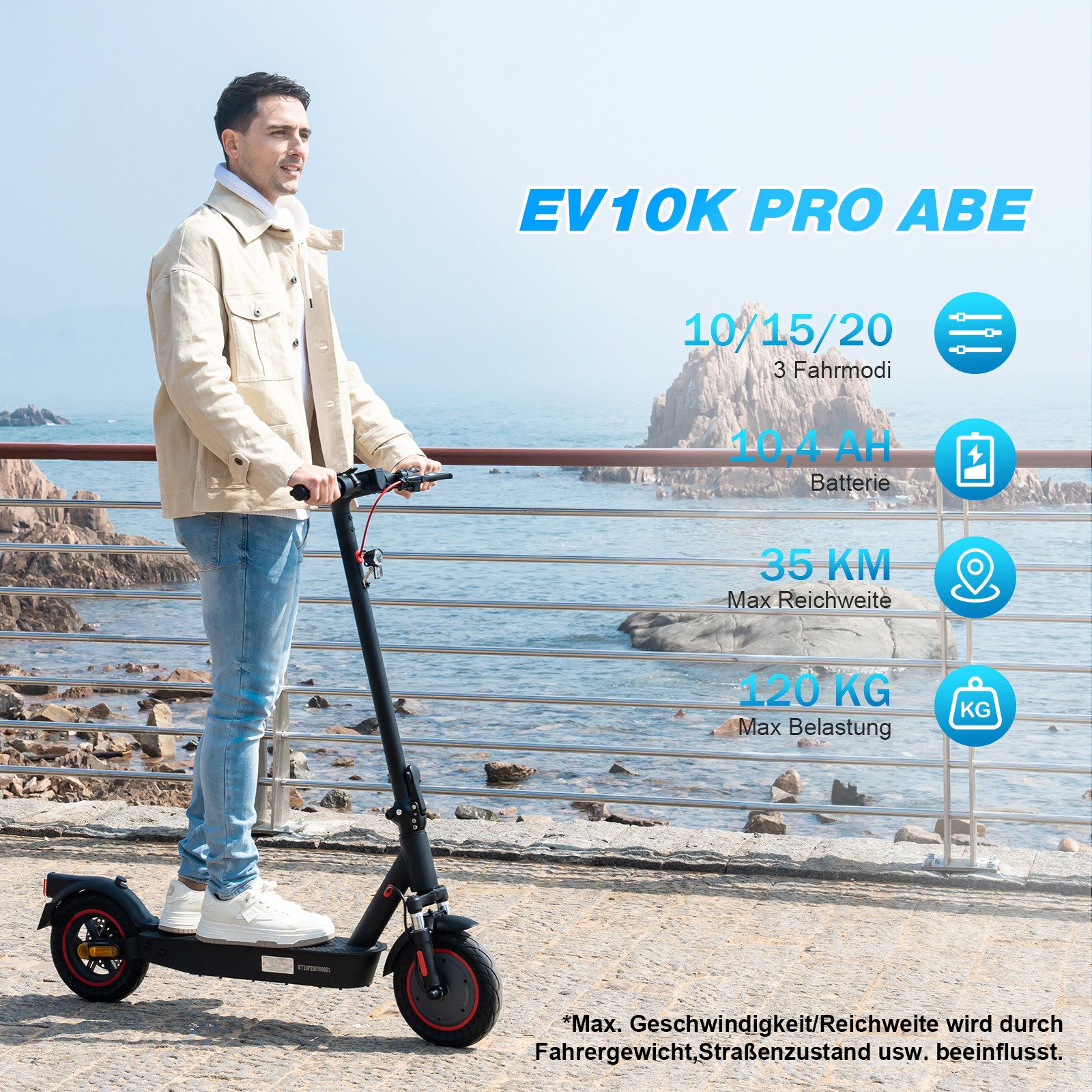 EVERCROSS TECH E-Scooter mit Straßenzulassung (ABE), 10 Zoll Elektroroller, 400W, Max 40KM, 20,00 km/h, mit APP, 10,4AH Akku, duales Bremssystem, Faltbar