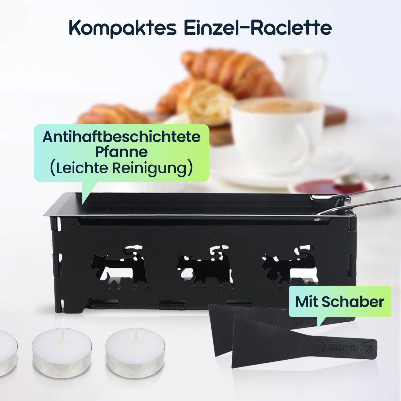 shop'n smile ideoon Raclette Faltbar Raclette-Teelicht Set Raclette mit Teelichtern Schaber, 1 Raclettepfännchen, klappbarer Griff, abnehmbare Käsepfanne, faltbar