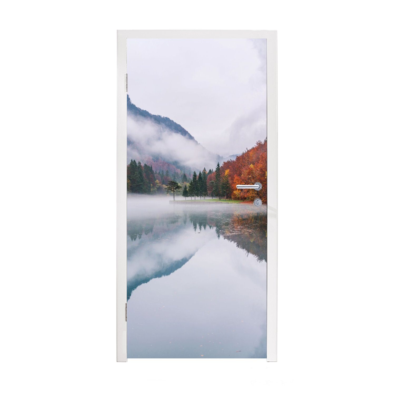 für Wasser Fototapete - - Türtapete 75x205 cm Herbst MuchoWow bedruckt, Landschaft, Türaufkleber, Tür, Matt, St), - (1 Nebel