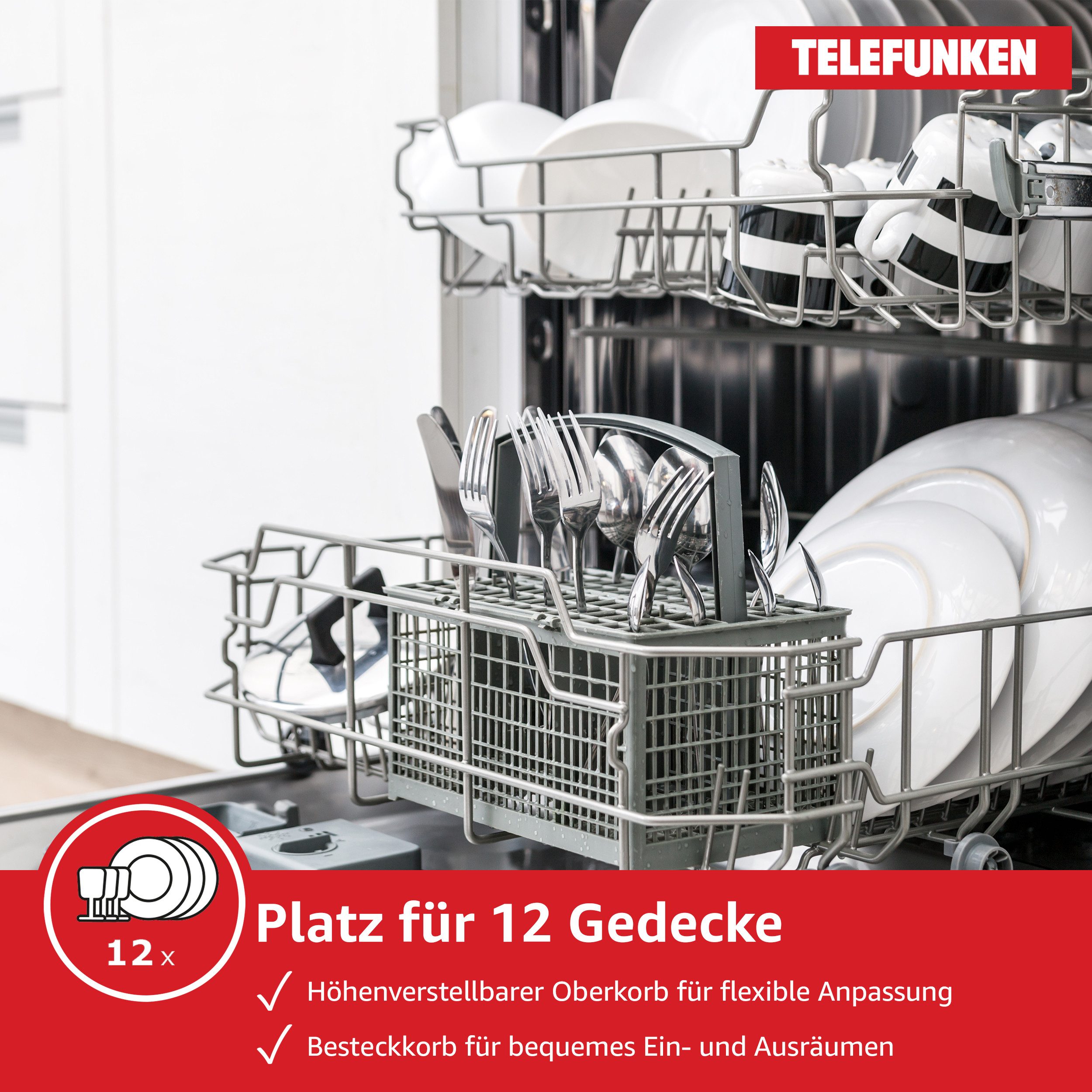 Telefunken vollintegrierbarer Geschirrspüler GEV6012D, 12 l, 12 Maßgedecke, Einbau Spülmaschine vollintegriert 60 cm, 12 Gedecke, AquaStop, 45 dB