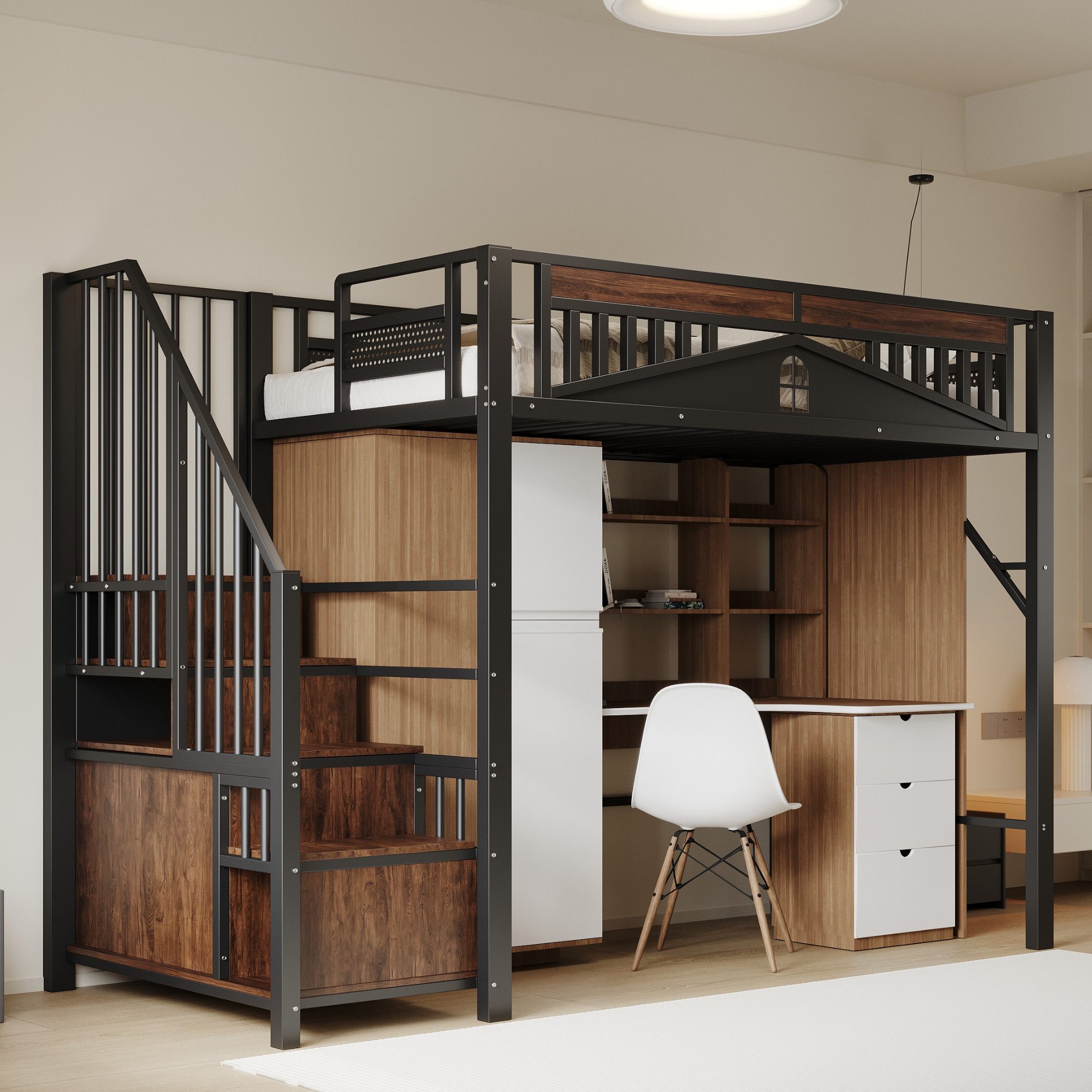 Hochbett 90×200 mit Fenster,Jugendbett Einzelbett mit Stauraumleiter,Schwarz