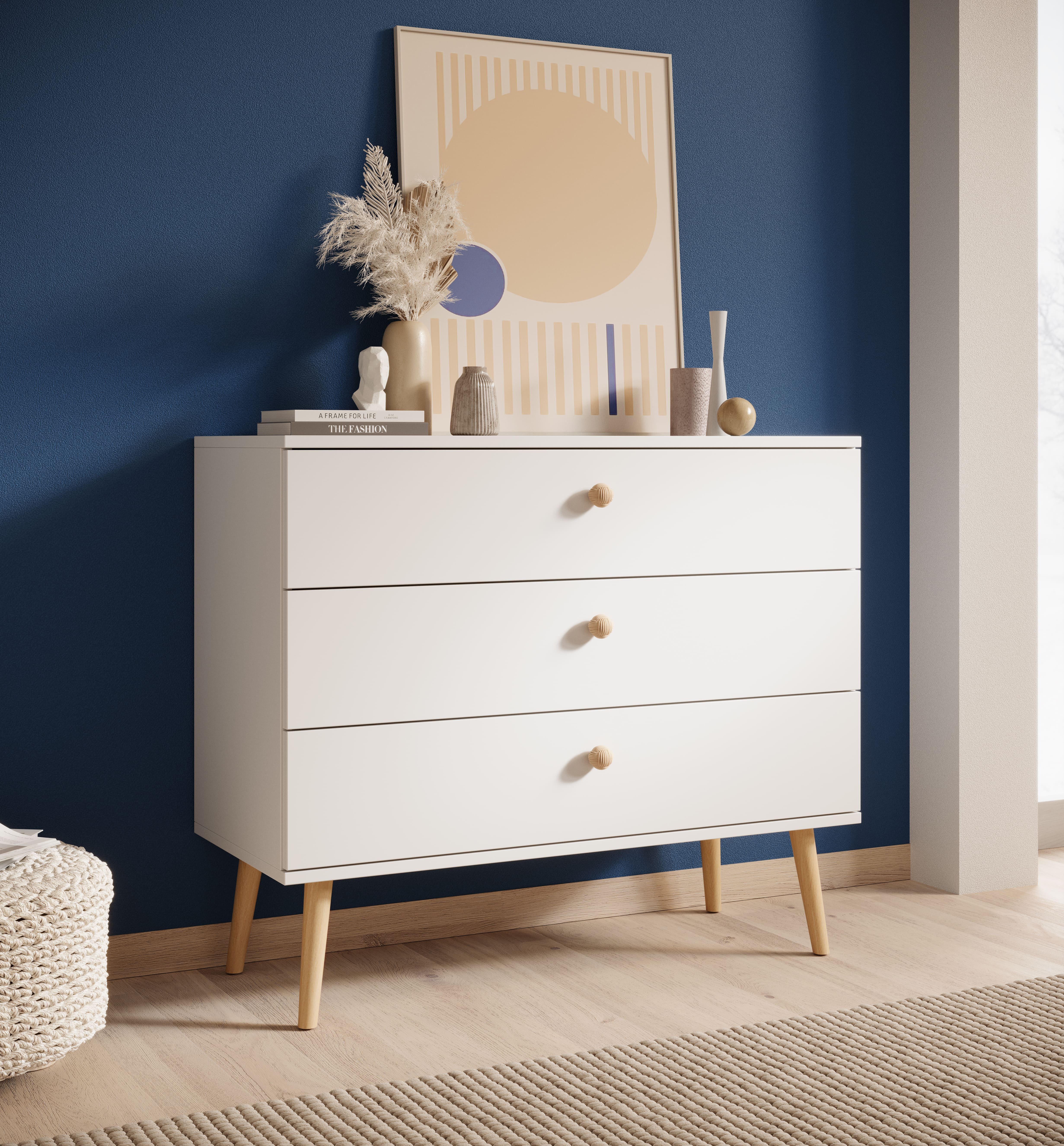 MOEBLO Kommode SOLVIA (4 Schubladen, skandinavisches Design, Soft-Close, Holzfüße, Sideboard Wohnzimmer Kommode Schlafzimmer Komodenschrank), (BxHxT): 100x85x41cm