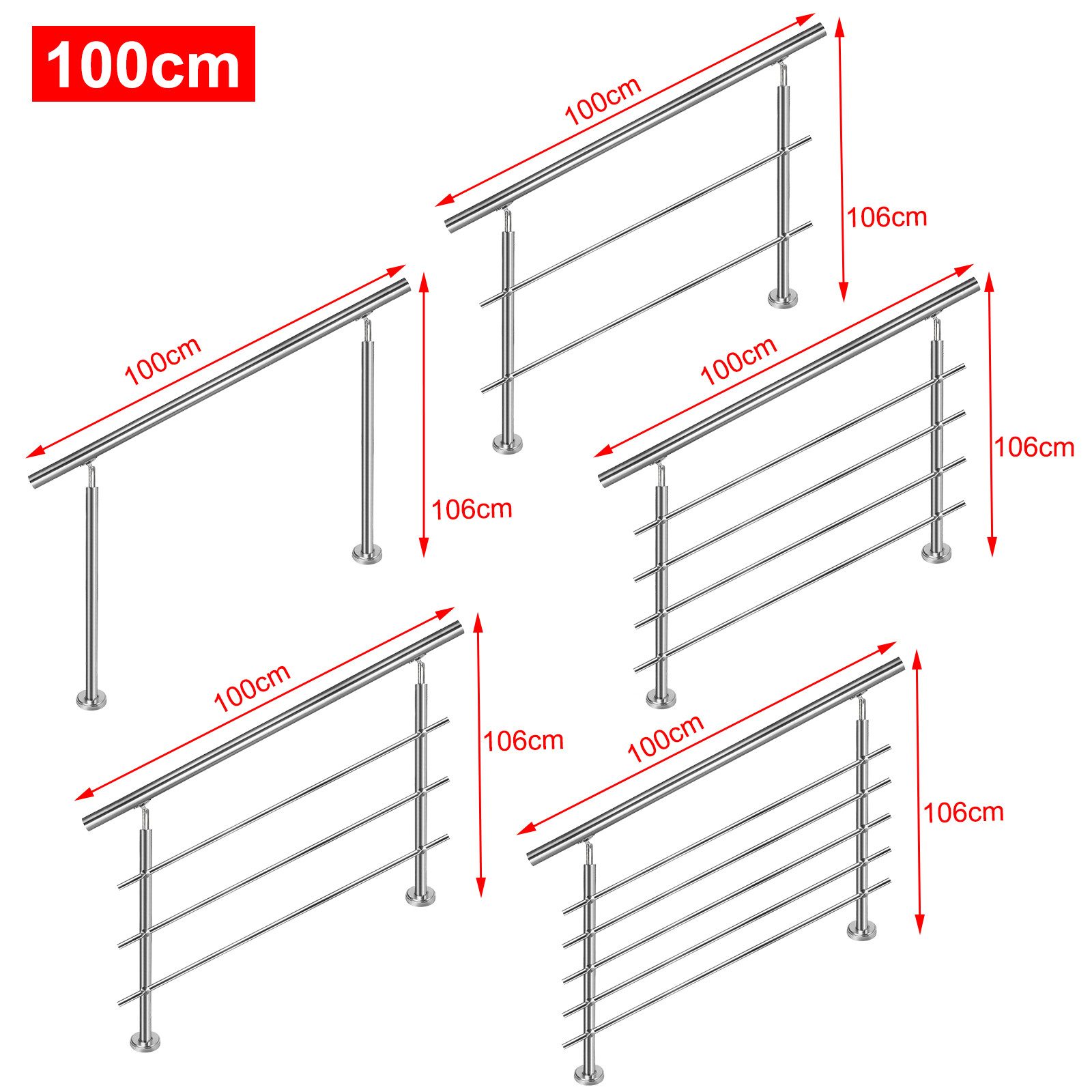 FIVMEN Treppengeländer Handlauf Edelstahl Geländer mit 2 Pfosten Brüstungsgeländer, 100 cm Länge, 0-tlg., für Treppen, Brüstung, Balkon