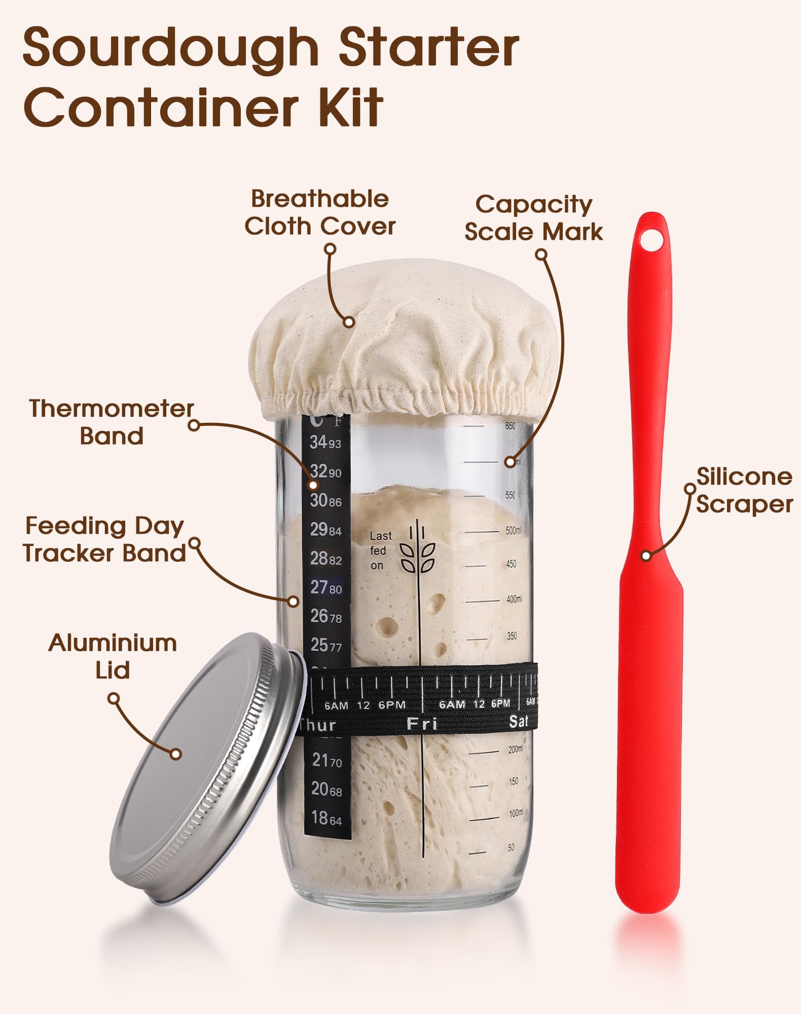 SURFOU Gärkorb 10-tlg Sauerteig Starter Set, Sauerteig Zubehör mit Gärkörbchen Rund, (Sauerteig Starter Set Komplett Set zum Brotbacken mit Rattan Gärkorb, Starterglas, Brotmesser und Zubehör für Anfänger und erfahrene Hobbybäcker 1-tlg)