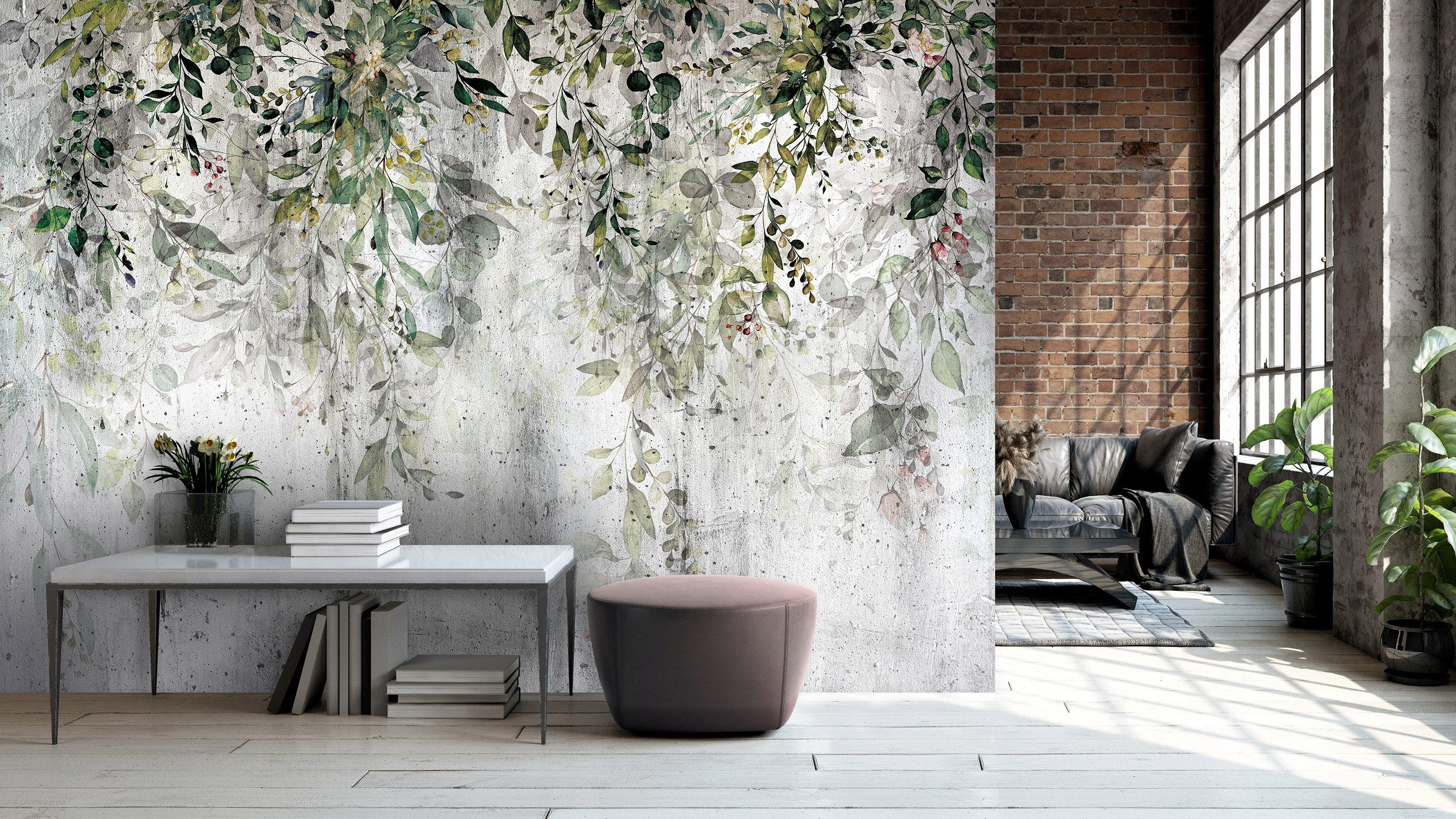 Wallarena Fototapete Blätter Beton Pflanzen Vintage Vlies Tapete Wohnzimmer günstig online kaufen