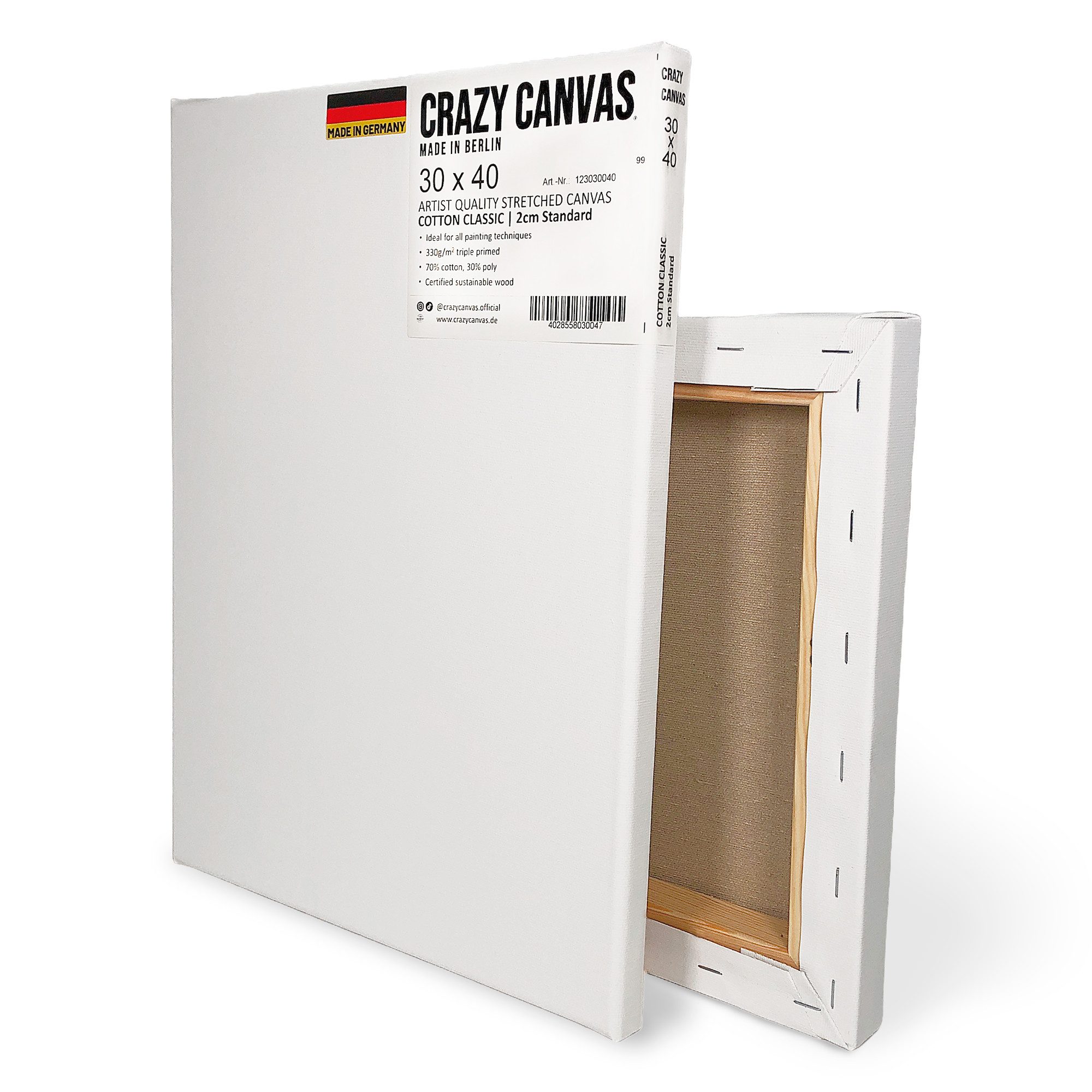 Crazy Canvas Leinwand Cotton Classic 30x30 cm, 2er Pack, mittlere Struktur, versandfrei, dreifach grundiert, 330 g/m², mittlere Struktur, Made in Berlin