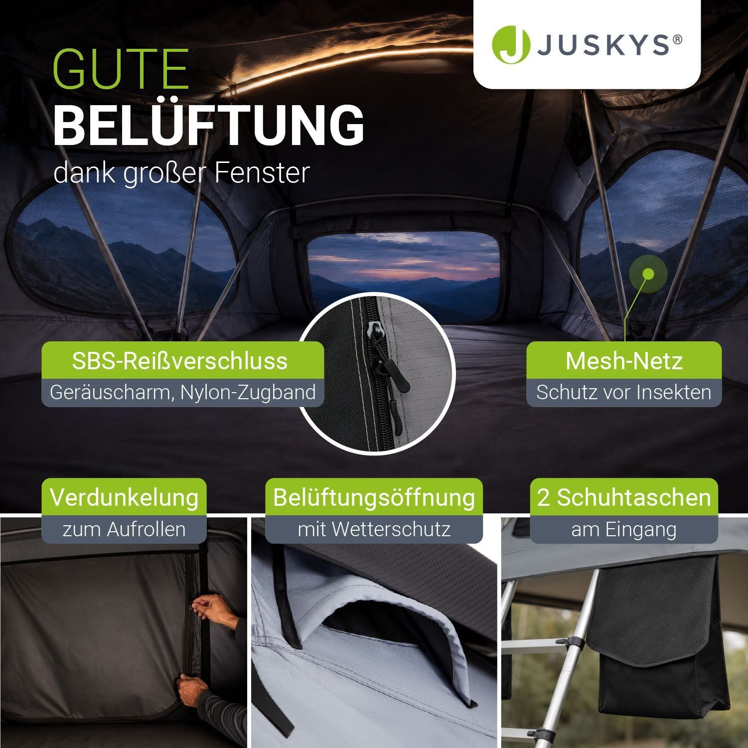 Juskys Dachzelt Lago, Wasserdicht, Teleskopleiter, 2 Personen Zelt, LED Beleuchtung