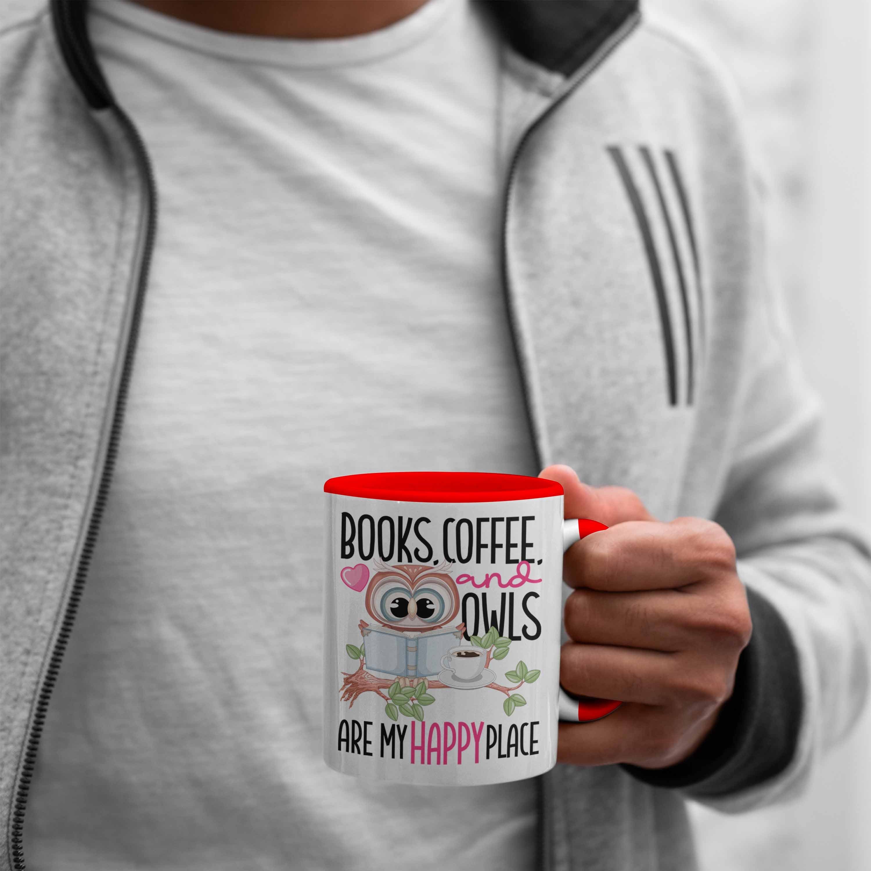Leseratte Happy Place Bücher Eulen Bücher Lesen Rot Trendation Kaffee Geschenk Tasse Tasse