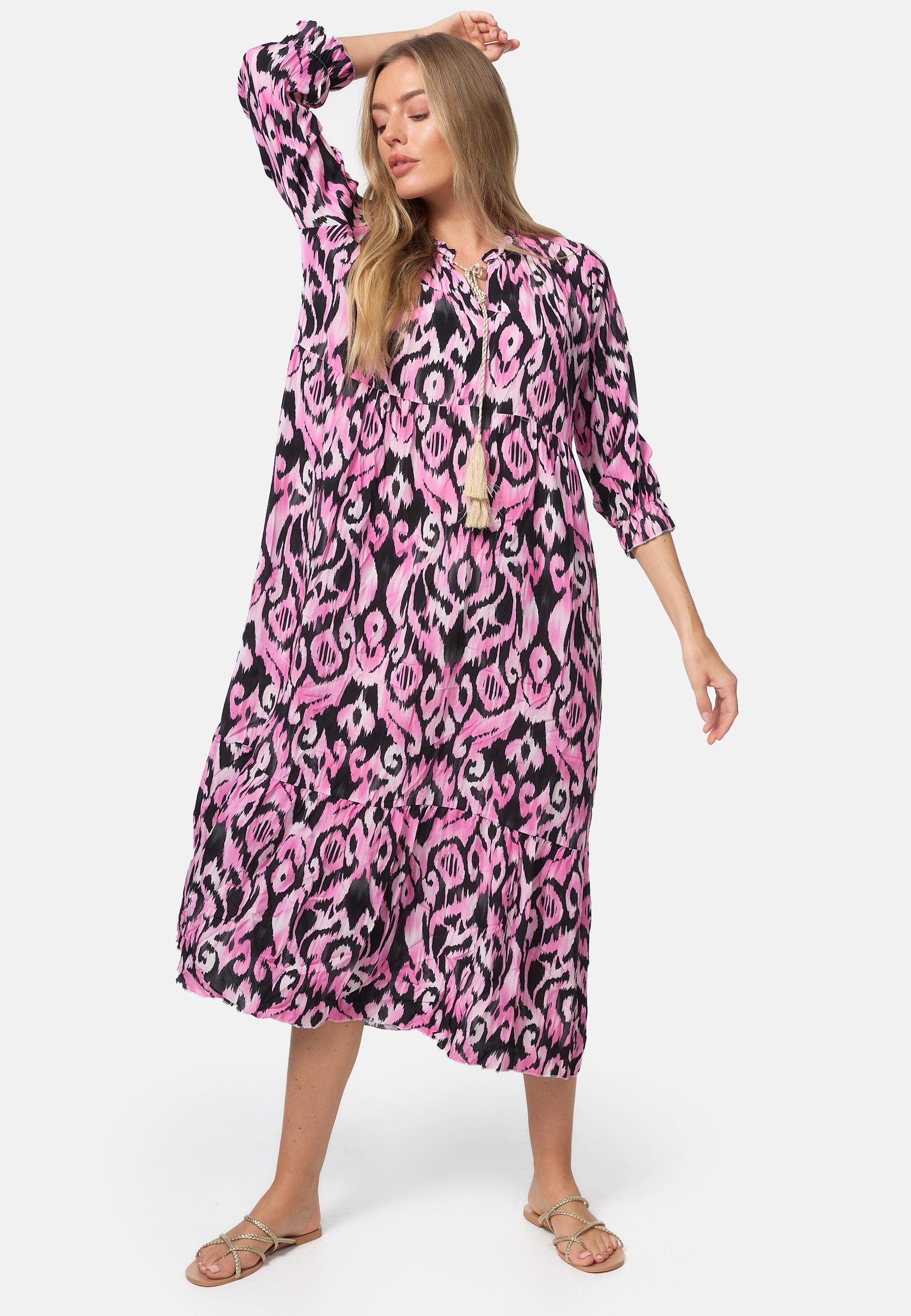 Maxikleid PM Schwarz-Rosa in Muster SELECTED PM-37 mit Jersey (Sommerkleid Einheitsgröße) Strandkleid