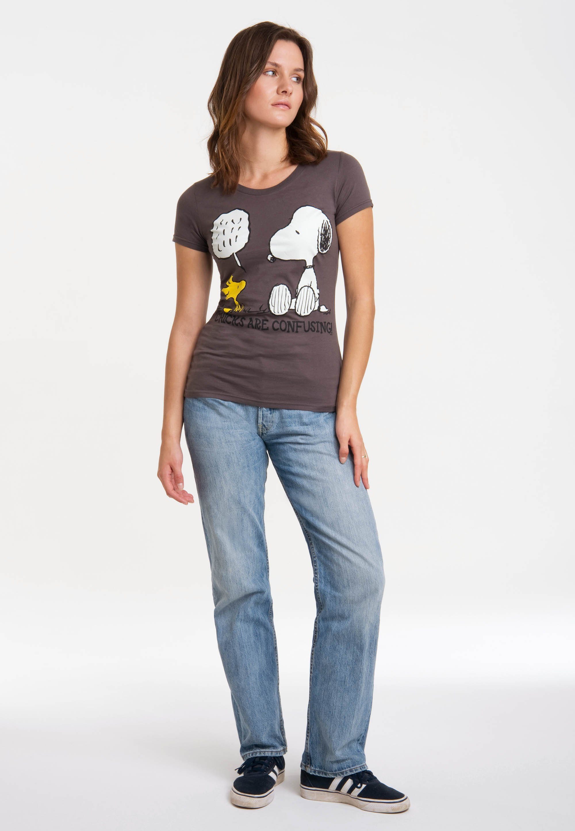 dunkelgrau - T-Shirt Peanuts niedlichem LOGOSHIRT Snoopy Frontprint mit
