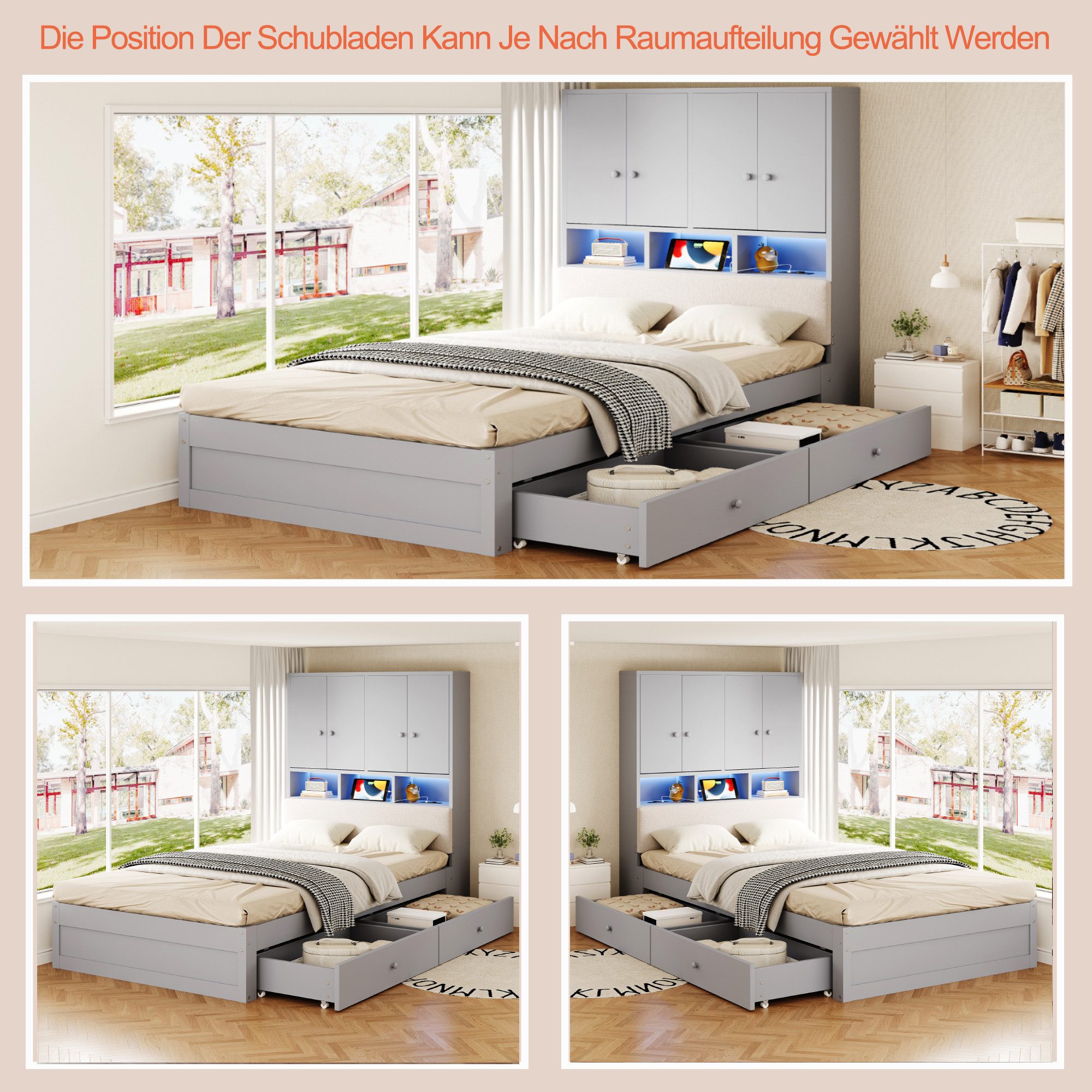 i@home Stauraumbett Funktionsbett, Holzbett, 90 x 200 cm, Einzelbett, Grau (1-tlg), Mit LED-Beleuchtung und Steckdose, mit gepolsterter Rückenlehne, Grau – Bild 2 von 5