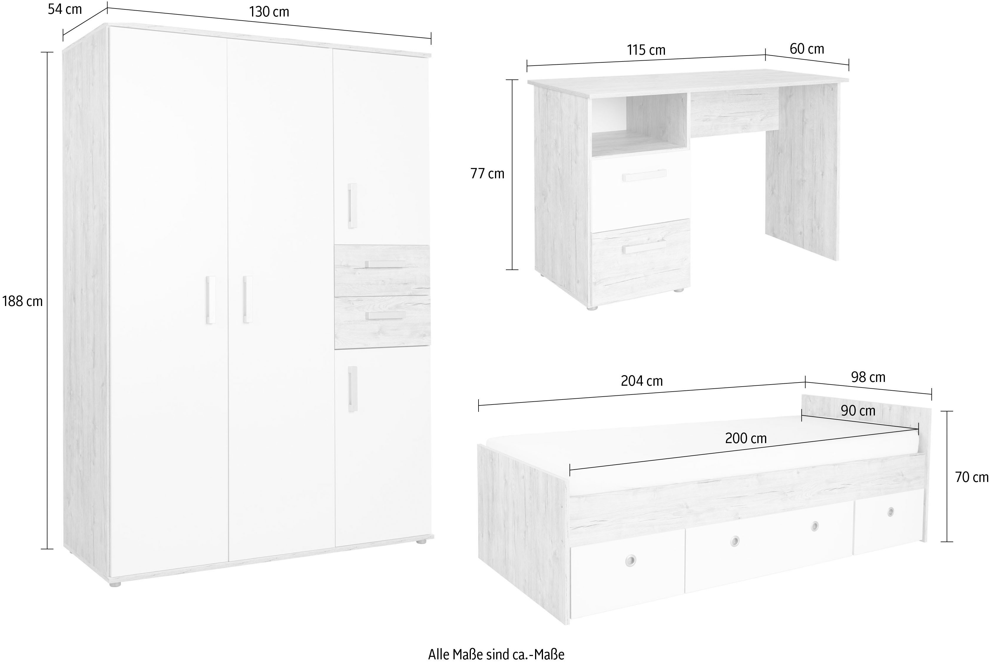 arthur berndt Jugendzimmer-Set Jugendzimmer-Set »Bente« 3-teilig, (3-tlg), Eiche-Sand/Weiß Nachbildung