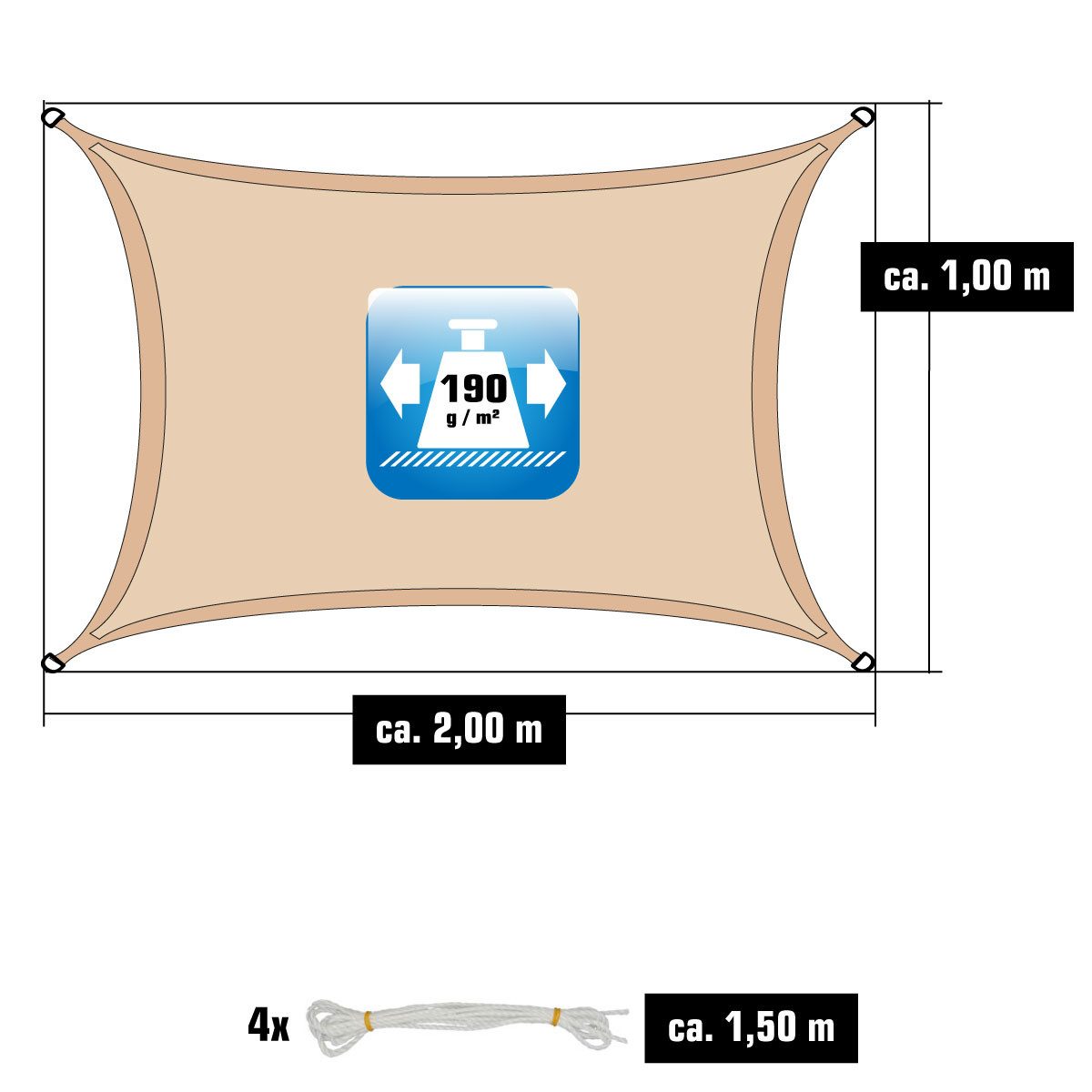 AMANKA Sonnensegel mit UV Schutz - 2 x 1 m Wasserdicht - Sonnenschutz für Garten & Balkon, Polyester Sonnenschutzsegel Rechteckig - Überdachung mit Regenschutz – Bild 5 von 5