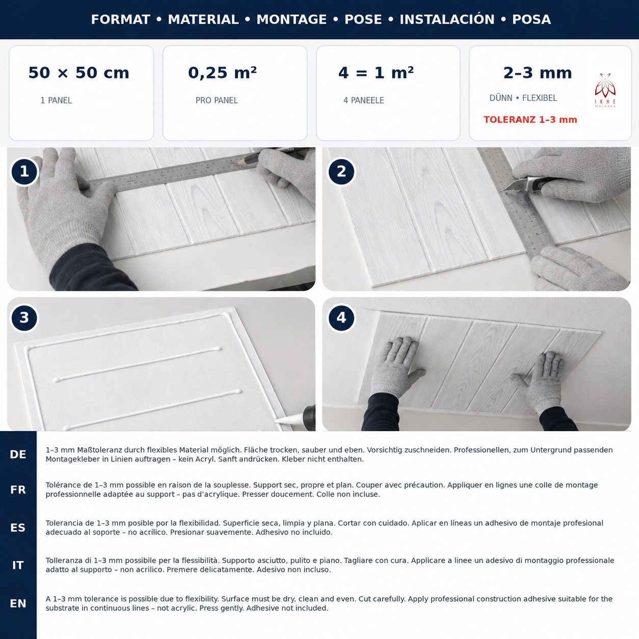 IKHEMalarka 3D Wandpaneel aus Polystyrol Styropor XPS Holzoptik 4m² Pakiet, 0,25 qm, Paneelen für Decken Wand 50x50cm 3mm Stärke – Bild 5 von 5