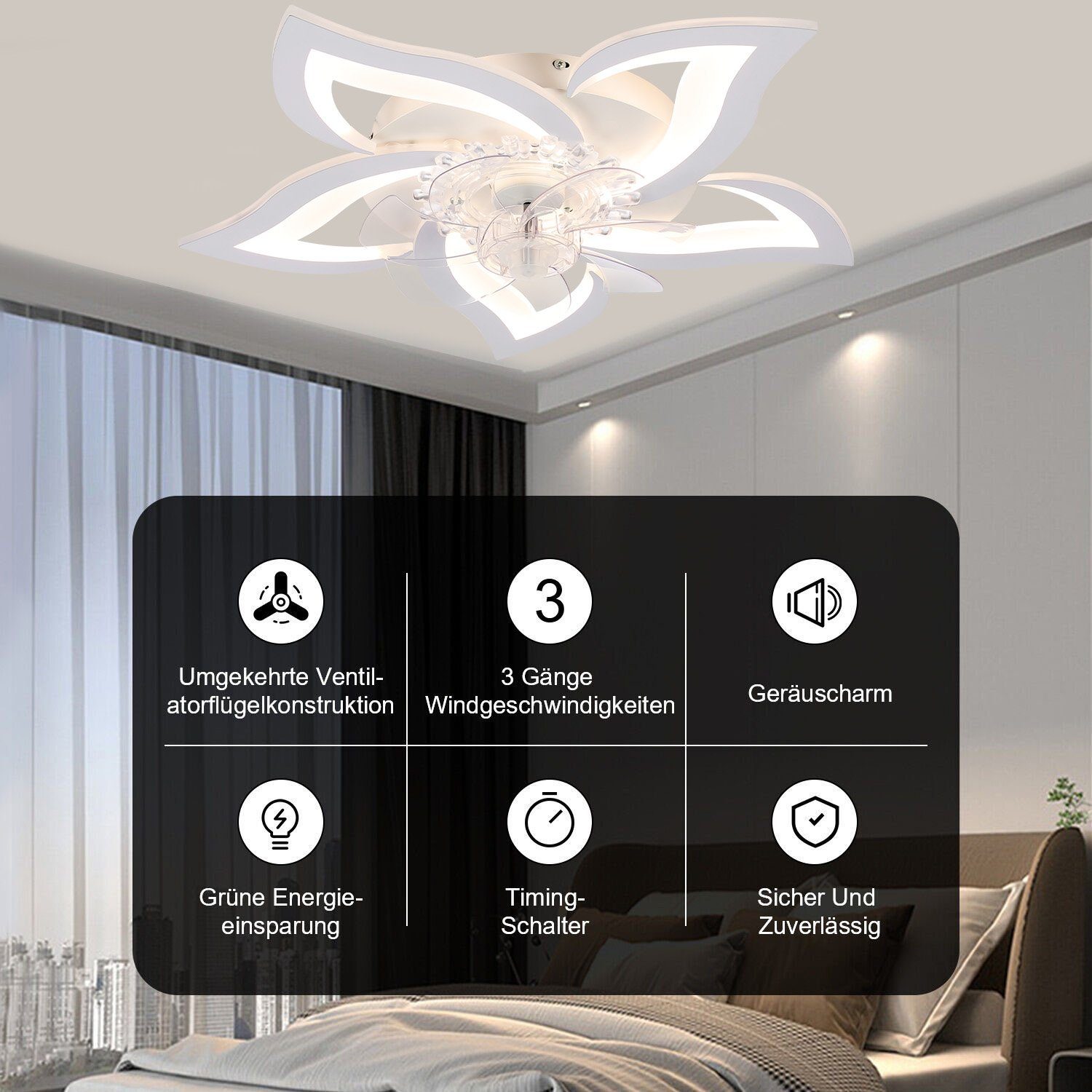oyajia LED Deckenleuchte 60W/72W Innentemperatur LED-Deckenleuchte LED und Moderne LED Geschwindigkeiten, Regelung mit Lüfter, 3 Kaltweiß/Naturweiß/Warmweiß, fest integriert, der 3-Farbwechsel Deckenventilator