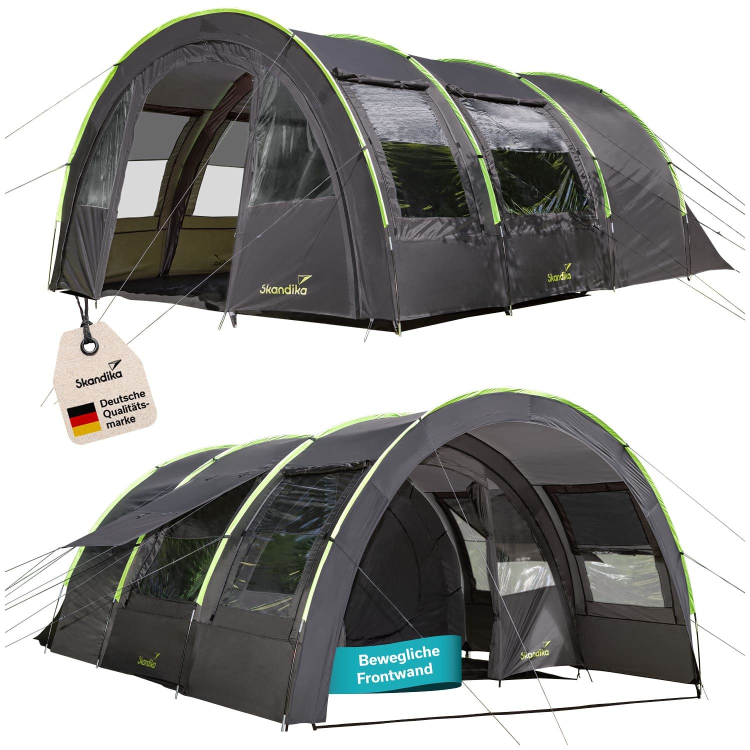 Skandika Tunnelzelt Kemi 4 Campingzelt mit 2 dunklen Schlafkabinen, Personen: 4, bewegliche Frontwand, wasserdicht, 2 m Stehhöhe, Vorzelt, Familienzelt