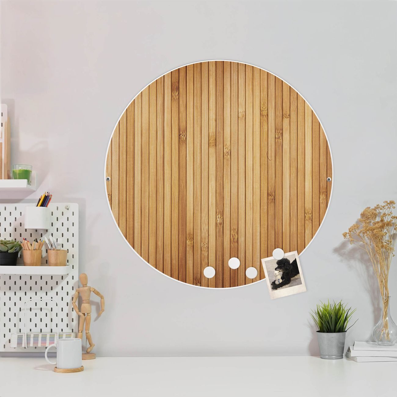 banjado Magnettafel Stahl Rund Bambusholz, (inkl. 4 Magnete, Runde Stahlmagnettafel)
