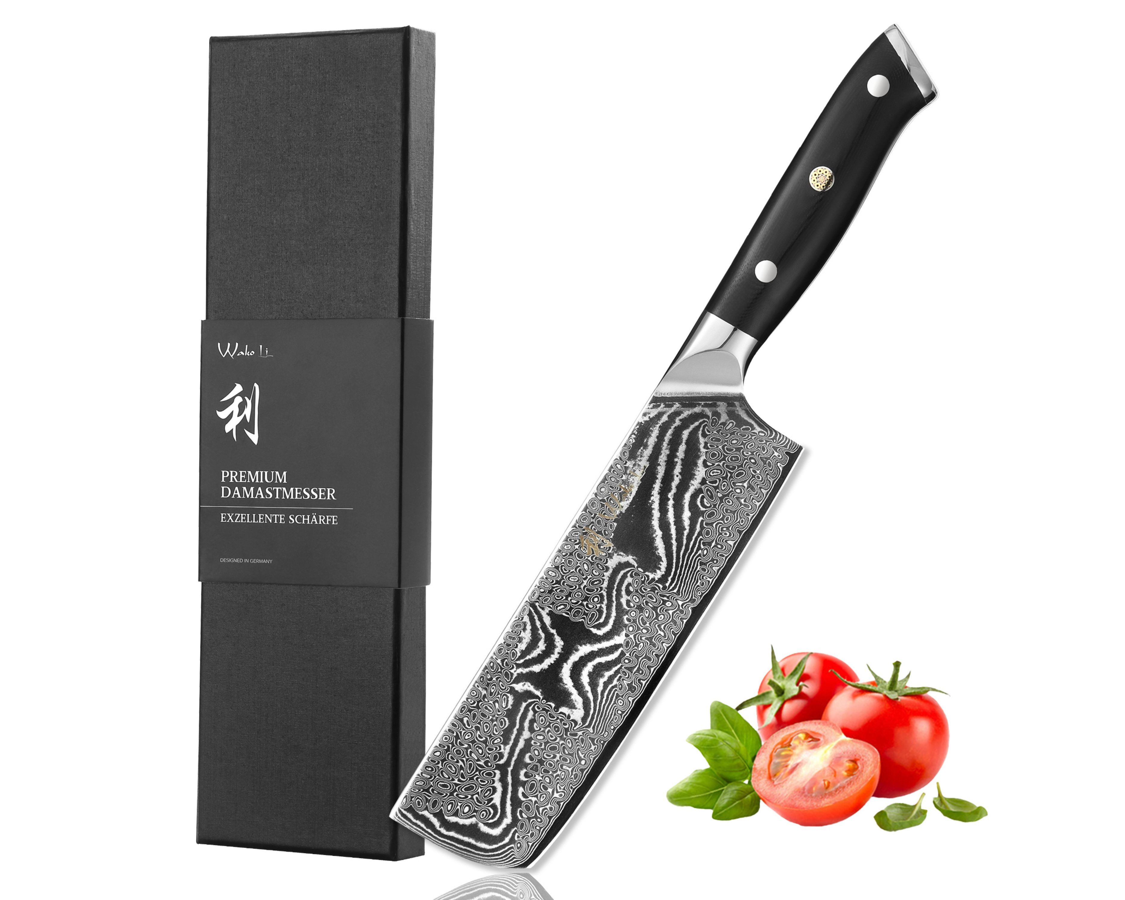 Wakoli Asiamesser Nitoko Damast Nakiri Küchemesser 17 cm Klinge, G10-Griff Full Tang, aus 67 Lagen Damaststahl, VG10 Kern, Full Tang