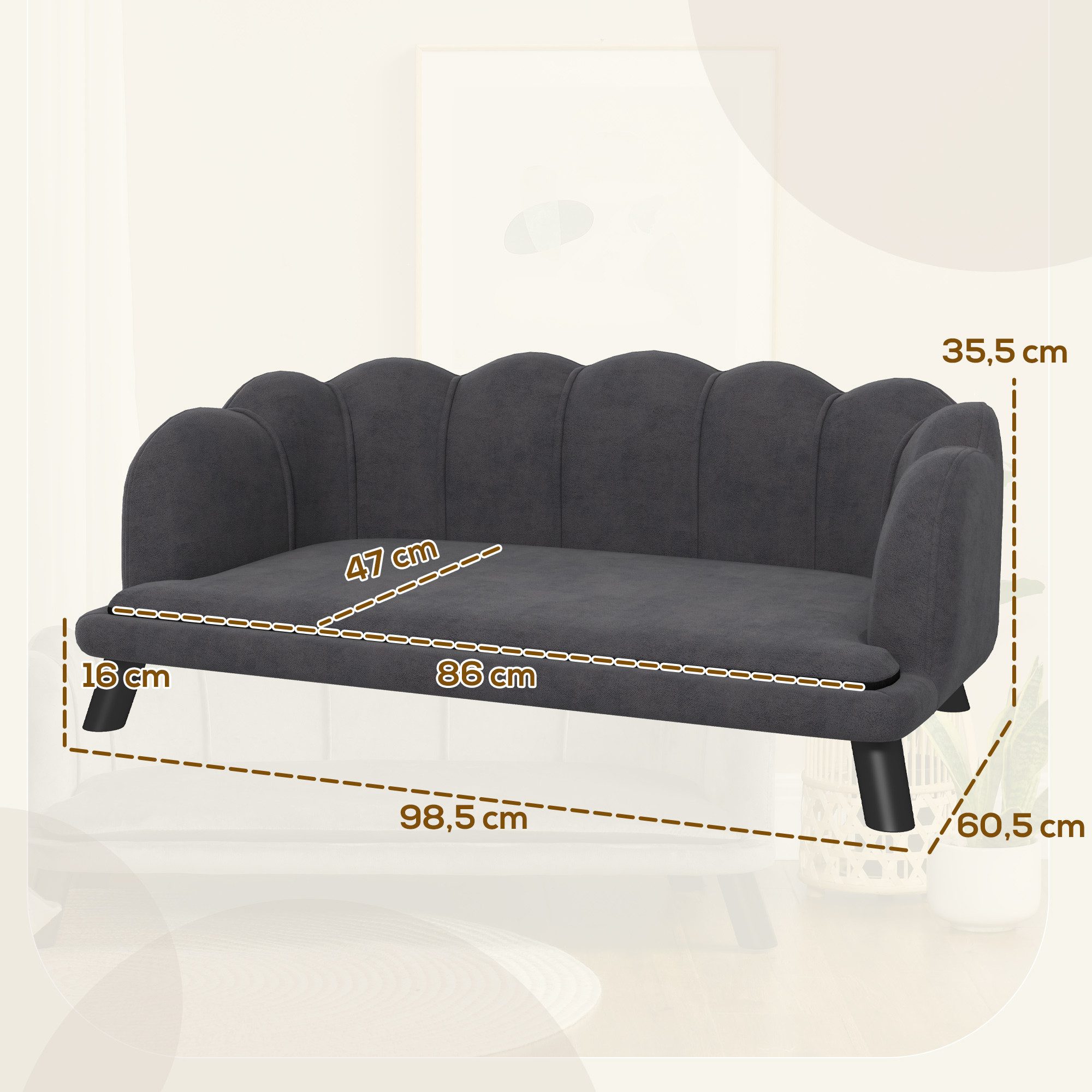 PawHut Tierbett Hundesofa mit Rückenlehne Weichem Bezug, Polyester, Dunkelgrau 98,5 x 60,5 x 35,5 cm