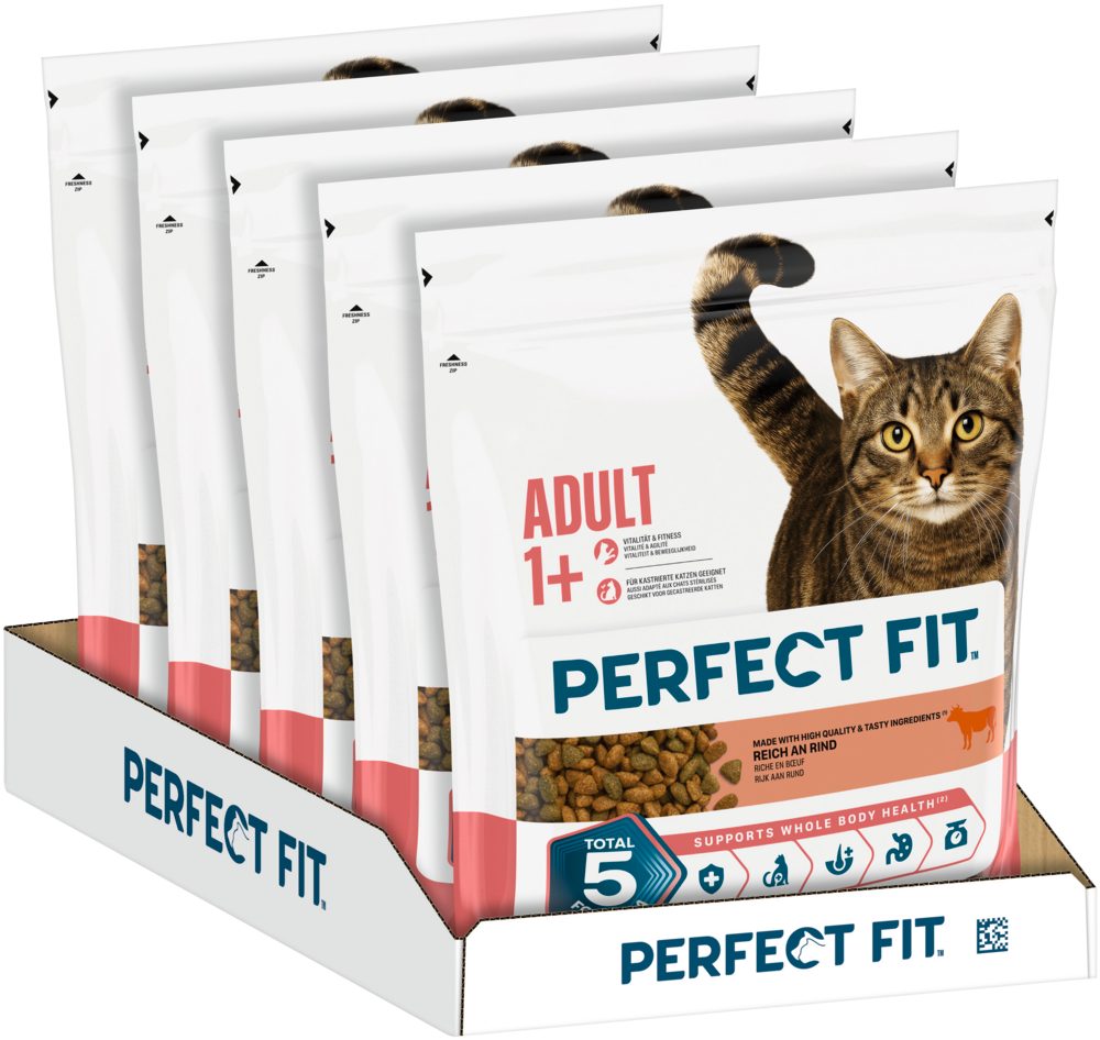 Perfect Fit PERFECT FIT™ Katze Beutel Active 1+ mit Rind 5 x 1,4kg, Trockenfutter für: Katze