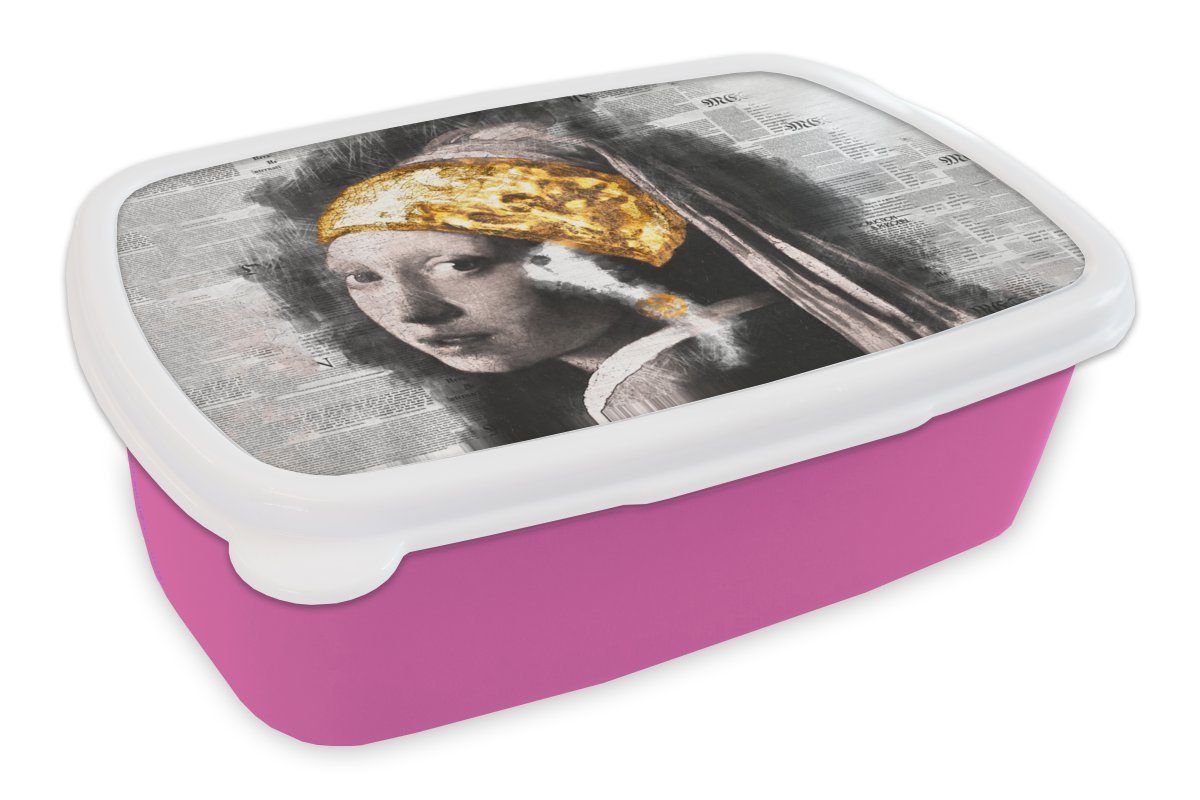 MuchoWow Lunchbox Das Mädchen mit dem Perlenohrring - Vermeer - Collage, Kunststoff, (2-tlg), Brotbox für Erwachsene, Brotdose Kinder, Snackbox, Mädchen, Kunststoff rosa