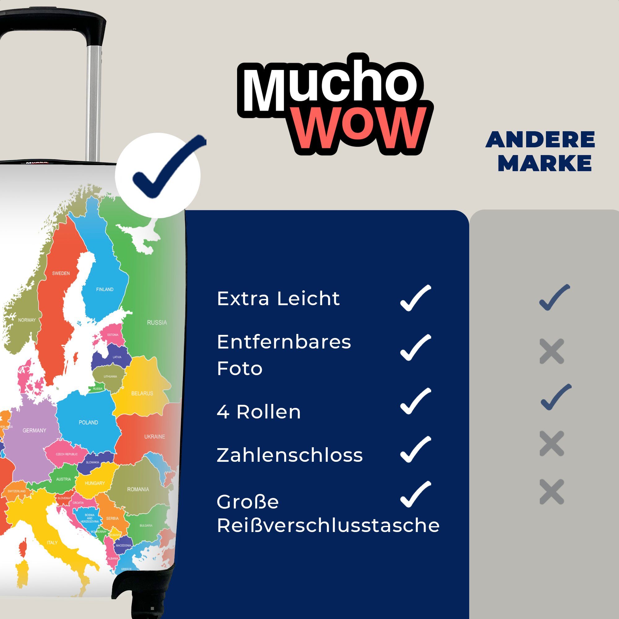 MuchoWow Handgepäckkoffer Karte - 4 Reisekoffer - Ferien, Europa Handgepäck Trolley, mit Rollen, rollen, für Reisetasche Farbe