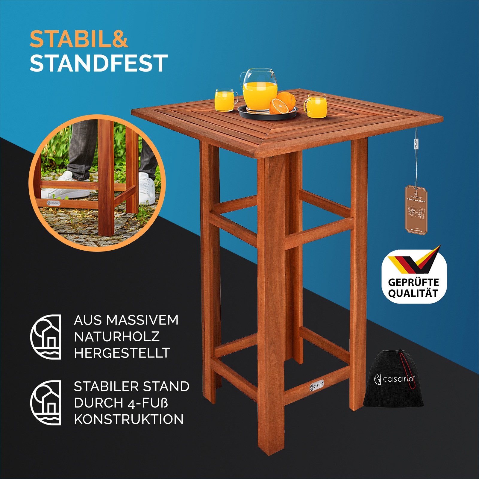Casaria Stehtisch, Bartisch mit Hocker Set Outdoor Holz Akazie 110x75x75cm Wetterfest