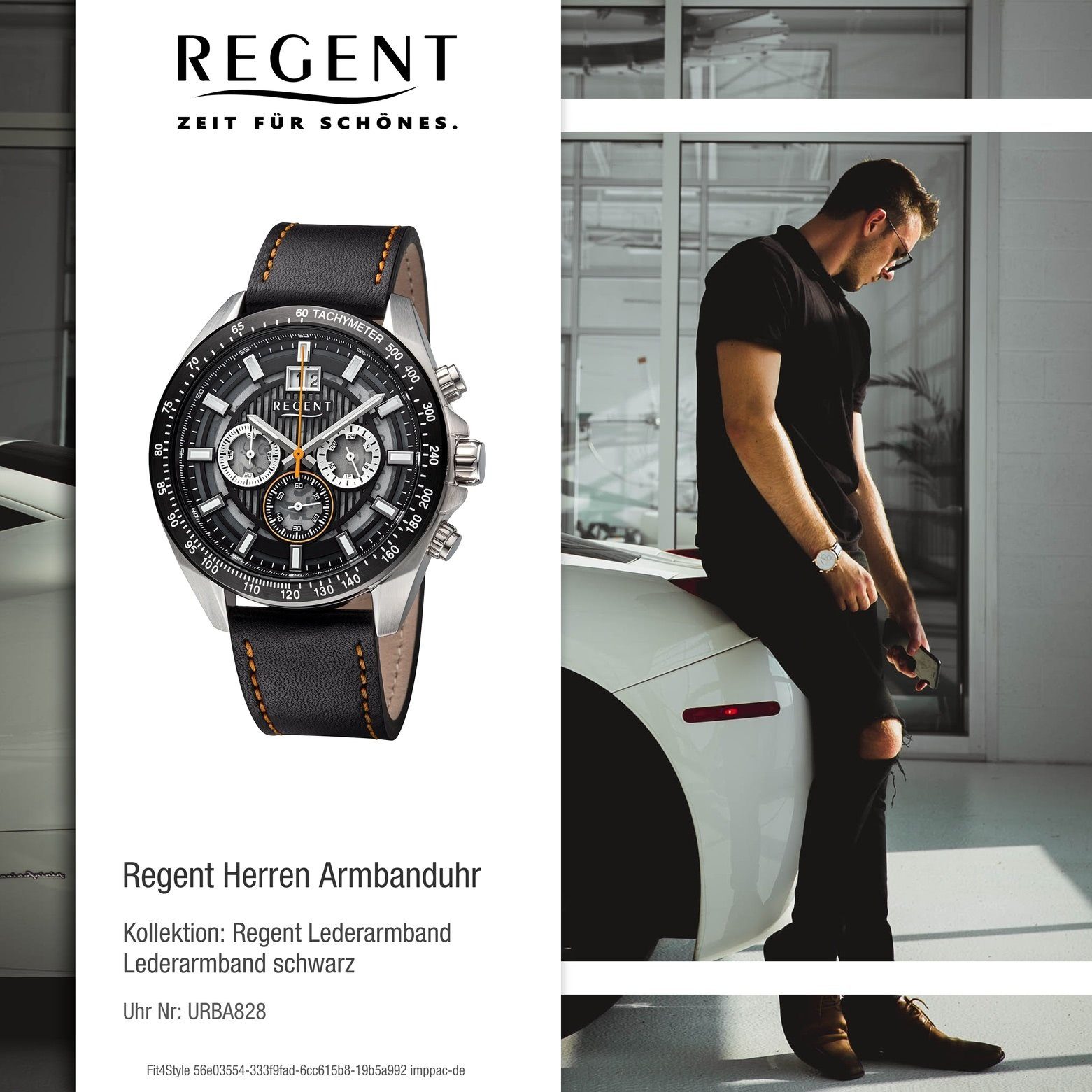 Regent Quarzuhr Regent schwarz-orange Armbanduhr extra Herren (ca. 46mm), Herren groß Armbanduhr Analog, rund, Lederarmband