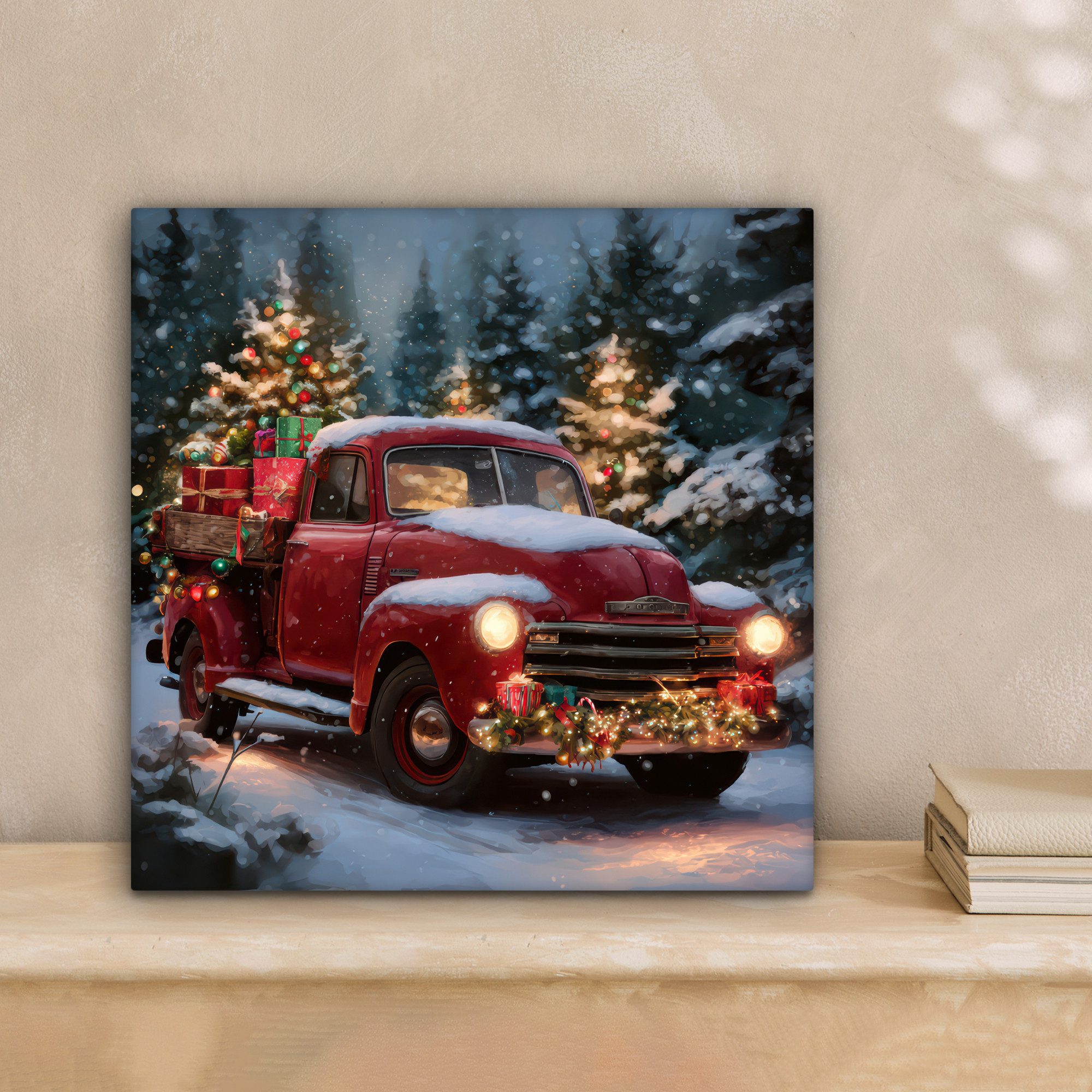 OneMillionCanvasses® Leinwandbild Weihnachts-LKW - Schneewald - Rot, Fotodr günstig online kaufen