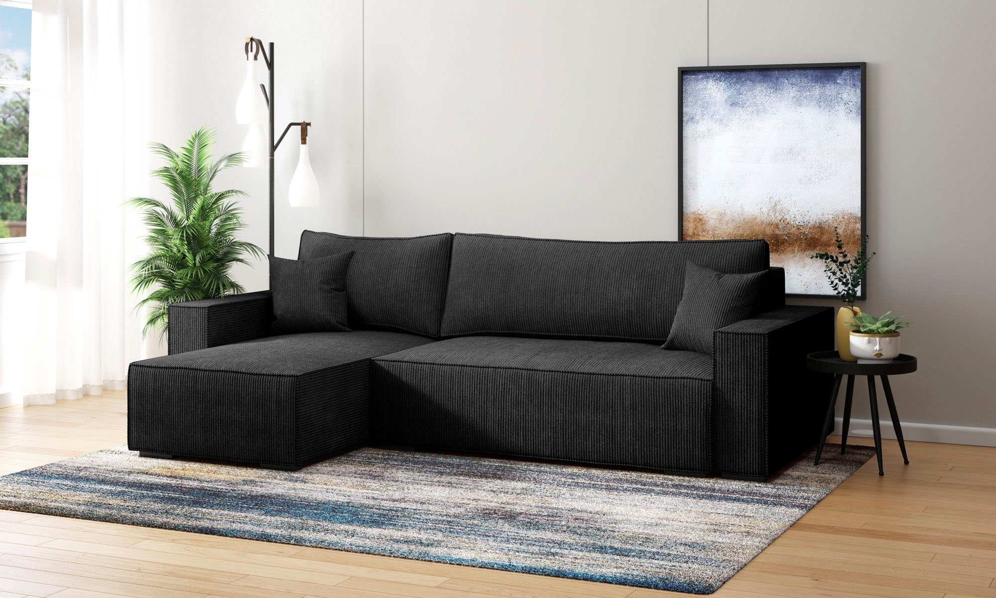 INOSIGN Ecksofa Winton Cordsofa / Schlafsofa 253 cm, Cord, Recamiere wechselbar, Schlaffunktion (130/208cm), Bettkasten schwarz