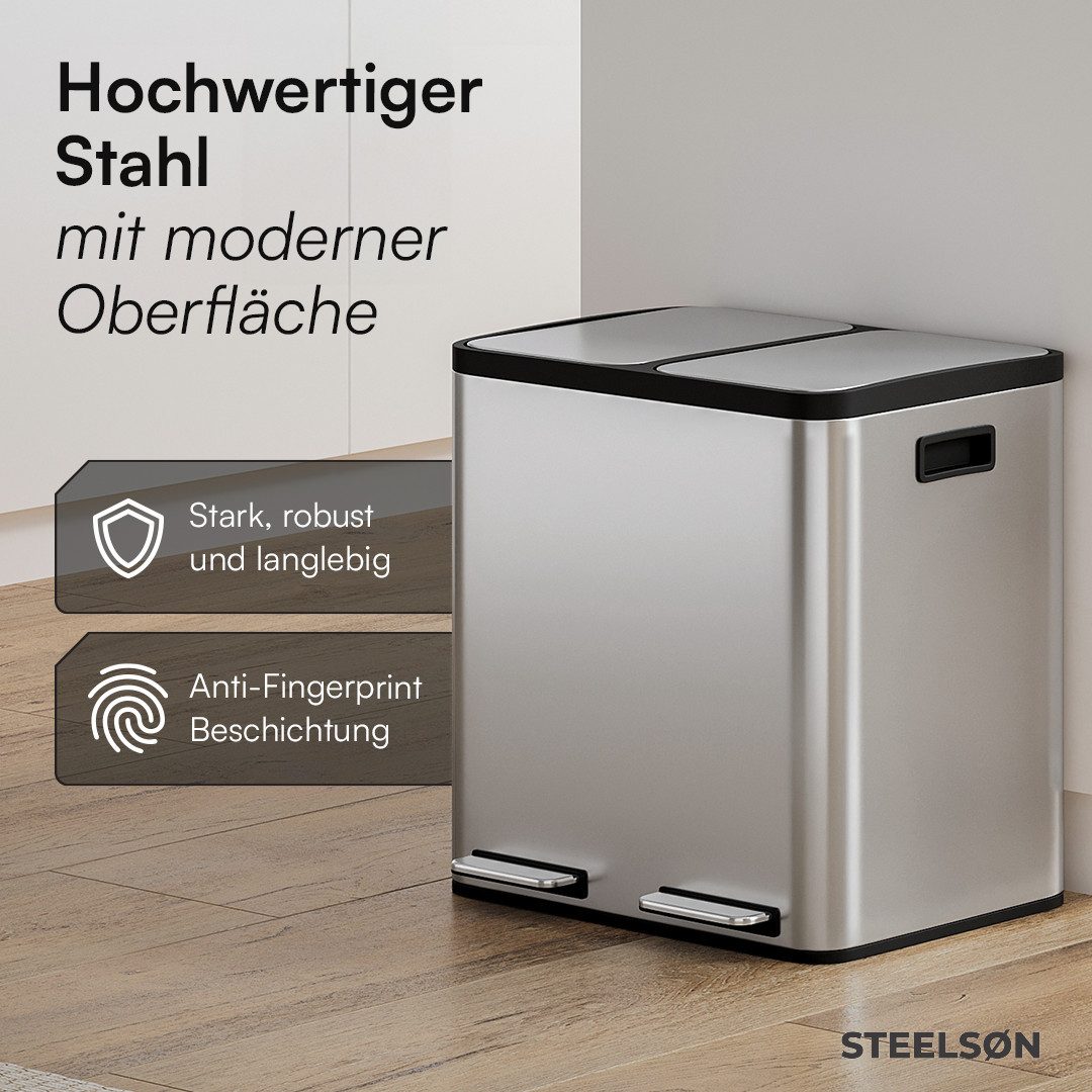 STEELSØN Mülleimer Epsilon mit Soft-Close-Funktion, Abfalleimer aus Edelstahl, verfügbar in 2x15L oder 3x15L