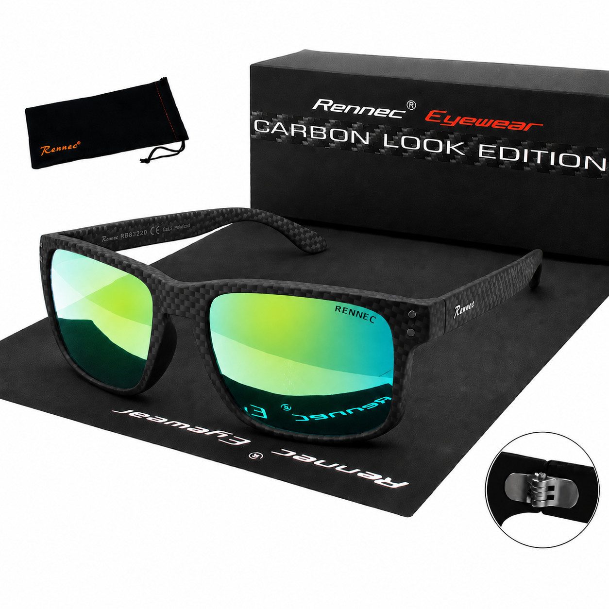Rennec Sonnenbrille Rechteckig Herren Carbon Look Gläser Türkis Verspiegelt Motorsport Brille mit 3in2 Edelstahlgelenke, Markenschriftzug