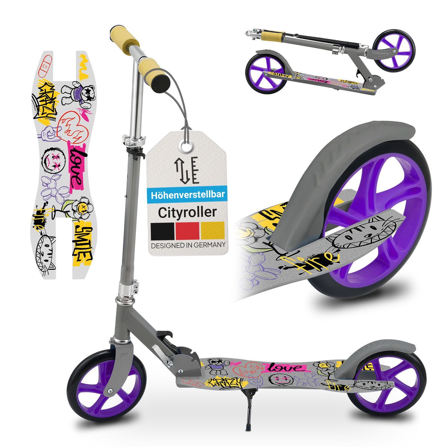 ArtSport Cityroller Graffity, mit XXL Rädern, Fußständer, Hinterradreibungsbremse