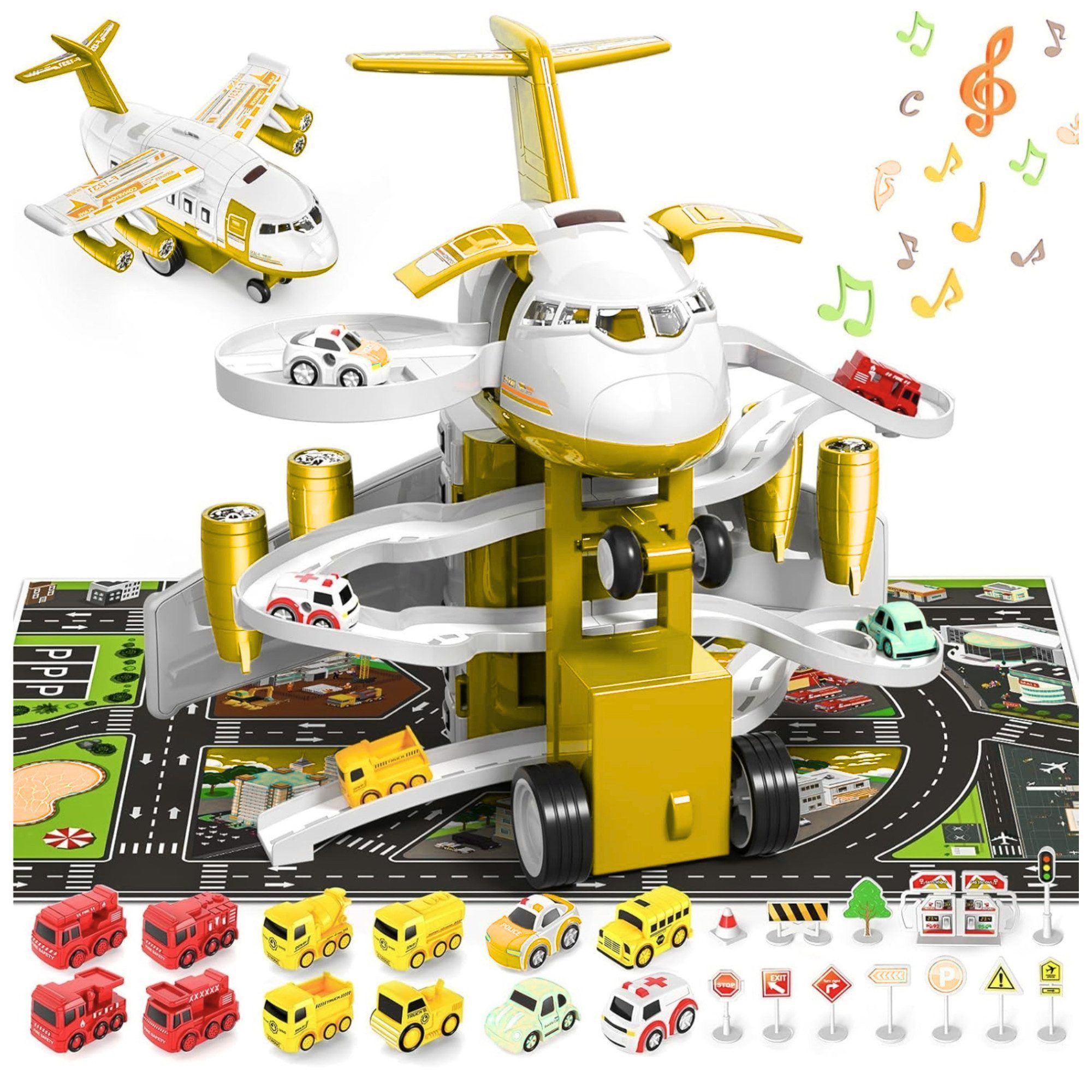 Vivitar Spielzeug-Flugzeug mit 12 Stadtautos & Rennstrecke Rennbahn Auto Spielzeug für Kinder, (Das beste Geschenk für Kinder ab 3 Jahren, Fahrzeug- und Flugzeugspielzeugset, komfortable & einzigartige Aktivität Spielmatte genug für 2-4 Spieler)