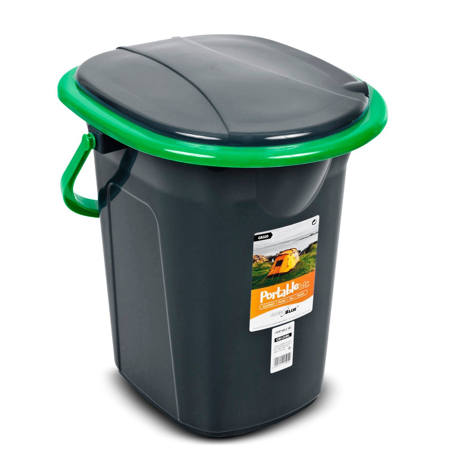 GreenBlue Campingtoilette GB320, mit Tragegriff und Auskipp-Hilfe / Toilettenpapierhalter Schwarz-Grün