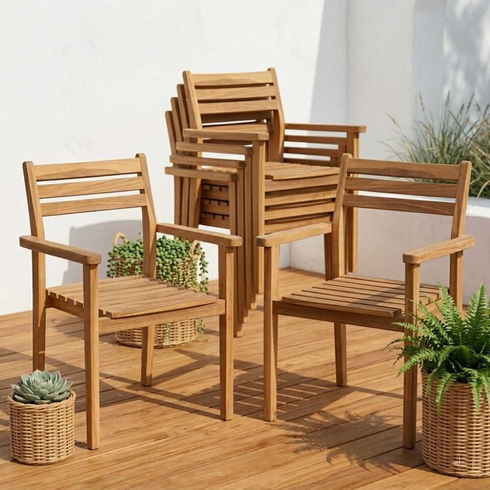 LebensWohnArt Stuhl 2er Set Teakstuhl MICA - stapelbar - Teakholz für Terrasse Balkon
