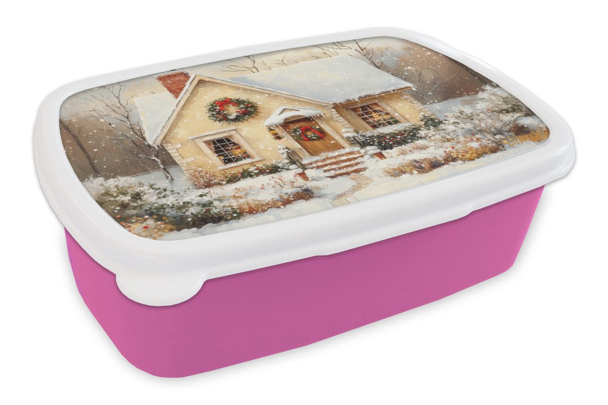 MuchoWow Lunchbox Weihnachten - Zuhause - Winter - Schnee, Kunststoff, (2-tlg), Brotdosen, Lunch Box, Brotbox für Kinder und Erwachsene