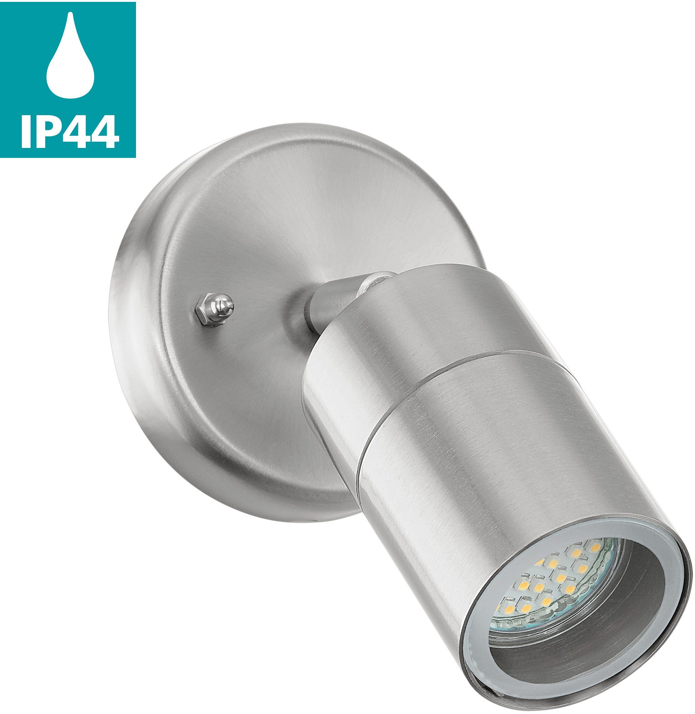 EGLO LED Außen-Wandleuchte STOCKHOLM1 Spot, Wandspot, Außenleuchte, Eddelstahl, silber, IP44, LED wechselbar, Warmweiß, Eckmontage möglich, GU10, Garten, Terrasse, Hauswand, Garage, 10cm