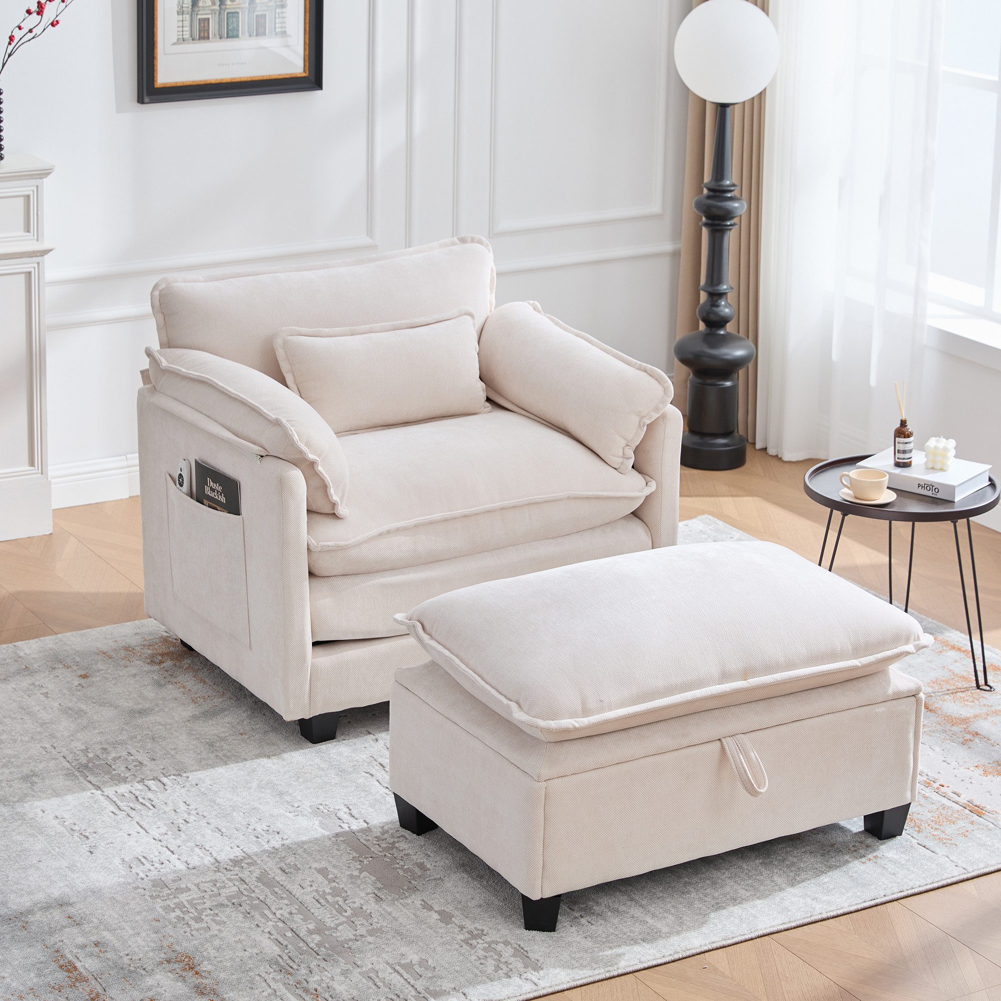 MODFU Loungesessel Chenille-Sessel mit Hocker & Stauraum (Komfortabler Polstersessel mit verstecktem Stauraum, für Wohnzimmer & Schlafzimmer), für Wohnzimmer & Schlafzimmer